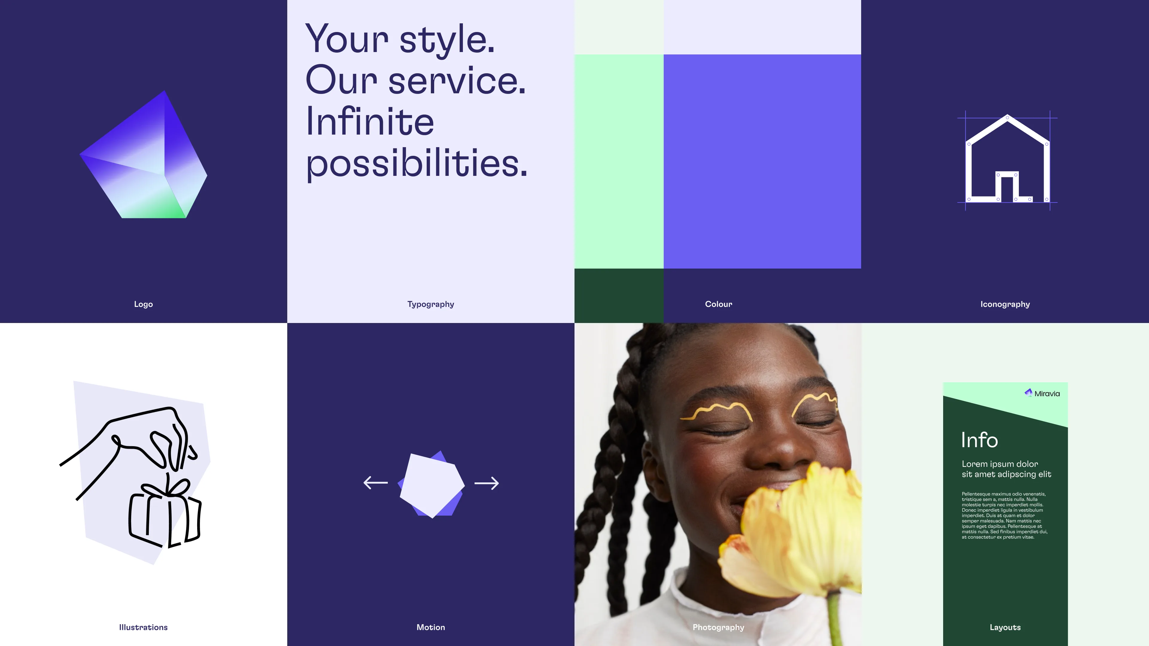 A grid of eight sections displays colorful branding elements: abstract shapes, typography, color blocks, a house icon, a drawing of hands giving a gift, arrow icons, a woman holding a yellow flower, and an info card.