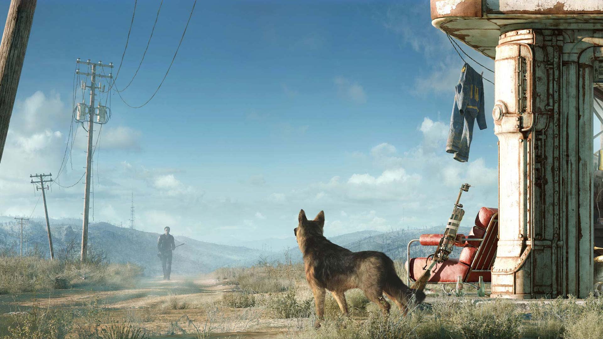 A dog stands near a weathered gas station and red chair, looking at a distant person walking on a rural road lined with power poles, under a blue sky with scattered clouds.