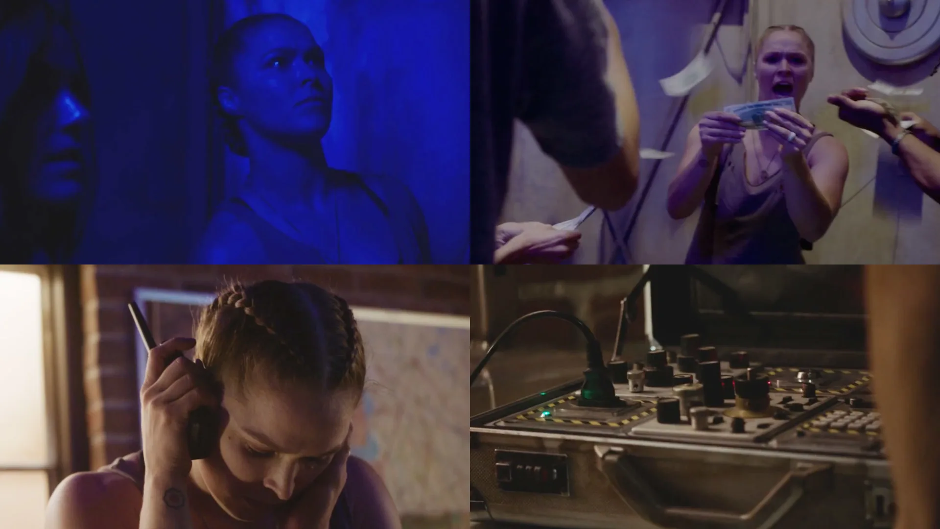 A collage of four scenes: a woman lit in blue light, a woman taking papers from someone, the same woman with headphones on, and a close-up of a control panel with buttons and wires.