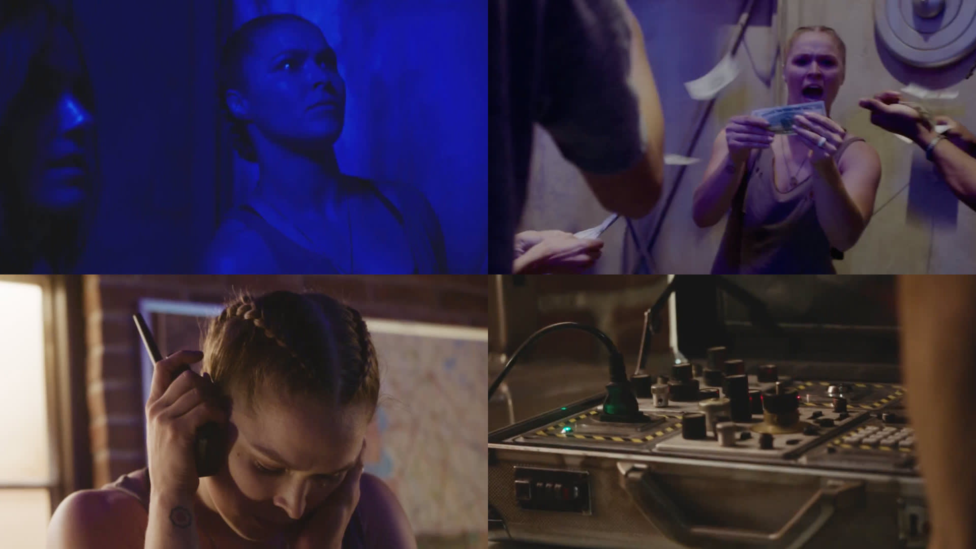 A collage of four scenes: a woman lit in blue light, a woman taking papers from someone, the same woman with headphones on, and a close-up of a control panel with buttons and wires.