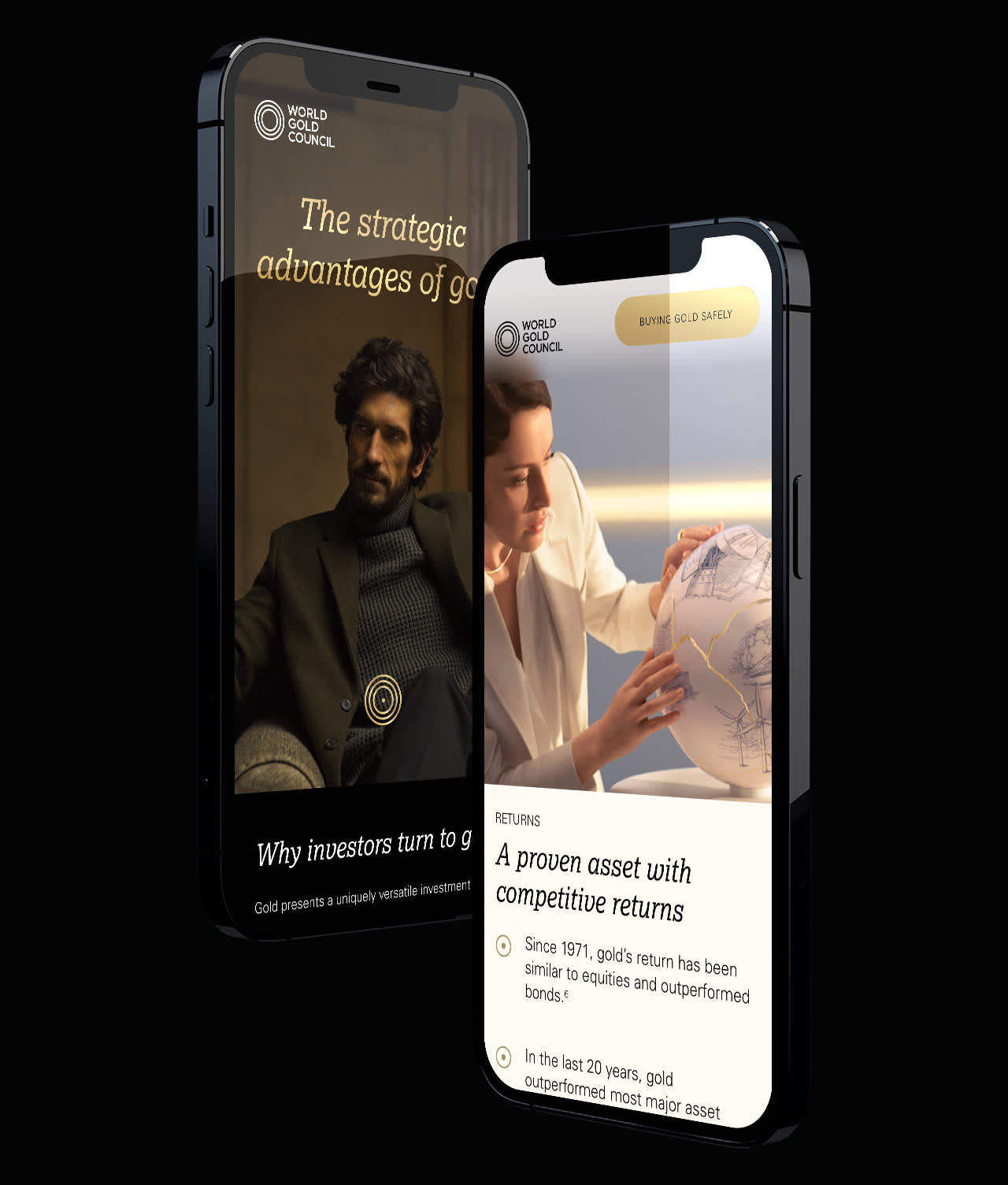 Two smartphones display financial articles about gold investment; one shows a man in a suit with the headline Why investors turn to gold, and the other shows a woman gesturing to a globe, discussing golds competitive returns.