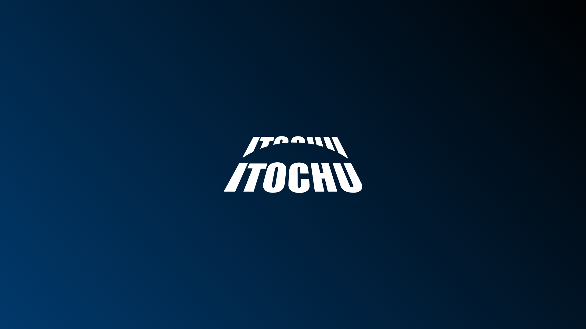 White text ITOCHU is displayed in bold, curved letters on a blue to black gradient background, with a mirrored, upside-down version of the text above it, creating an arch effect.