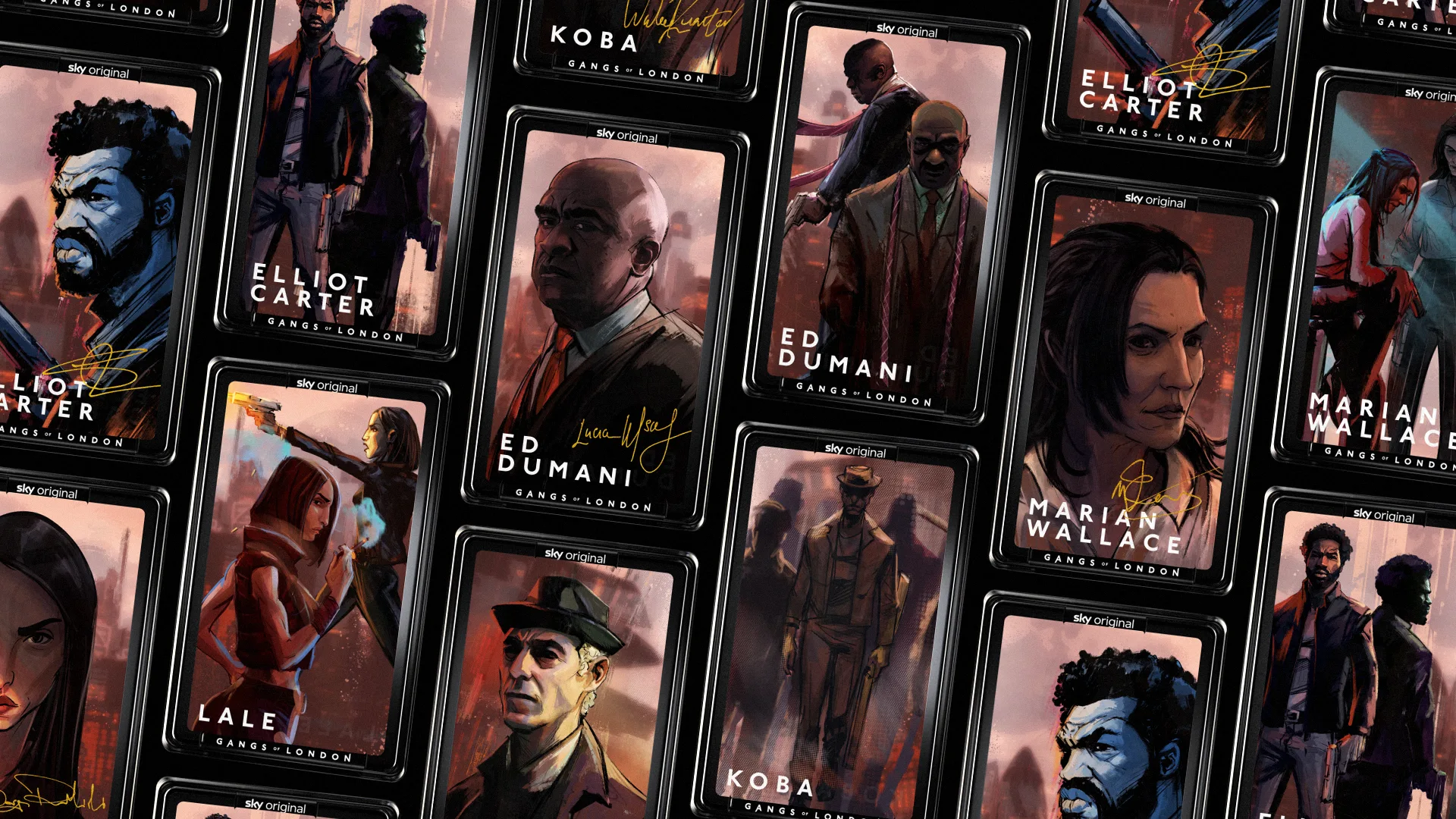 A collage of illustrated character cards from Gangs of London, featuring portraits and names like Elliot Carter, Ed Dumani, Marian Wallace, Koba, and Lale, each depicted in dramatic, stylized art.