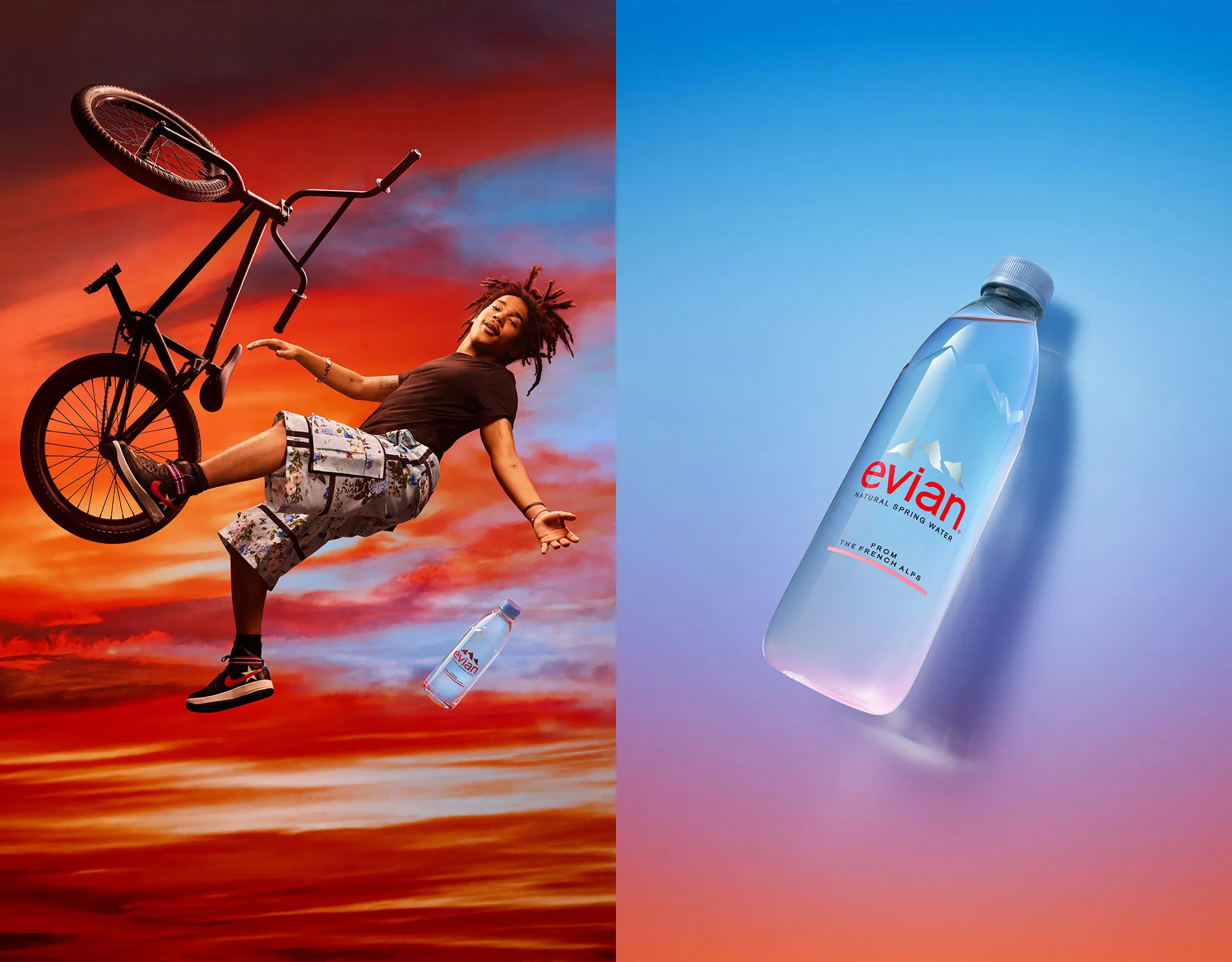 A young person falls off a bicycle in mid-air against a vibrant sunset sky, with a bottle of Evian water floating beside them. The right half shows a close-up of the Evian bottle on a blue and orange gradient background.