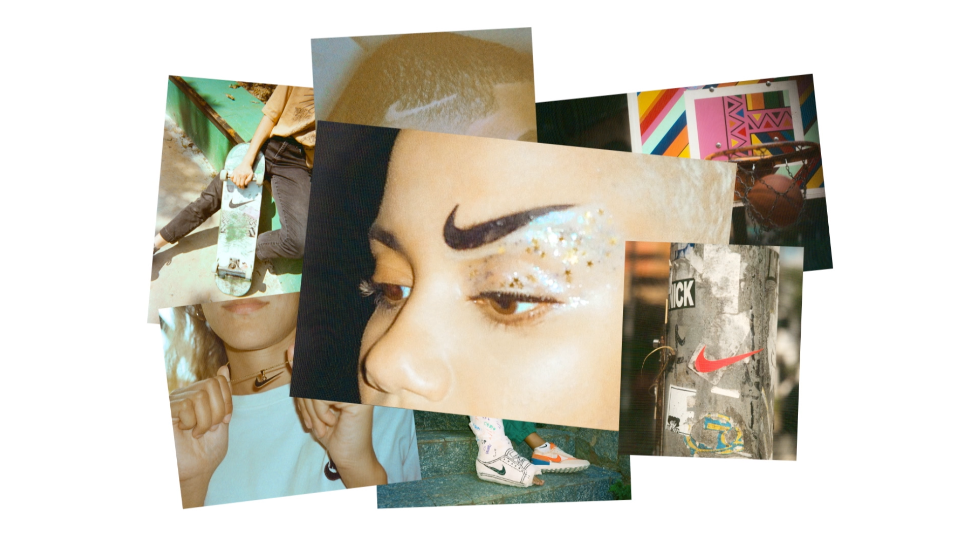 A collage of photos featuring Nike swoosh logos on a skateboard, eyebrow makeup, shoes, jewelry, and stickers, along with vibrant backgrounds and urban elements.