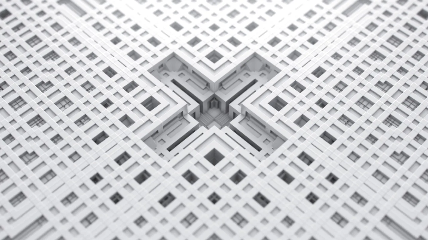 Abstract geometric pattern with overlapping white 3D lines forming a lattice grid, converging towards a recessed, square-shaped center, creating depth and symmetry. The overall effect is highly intricate and modern.