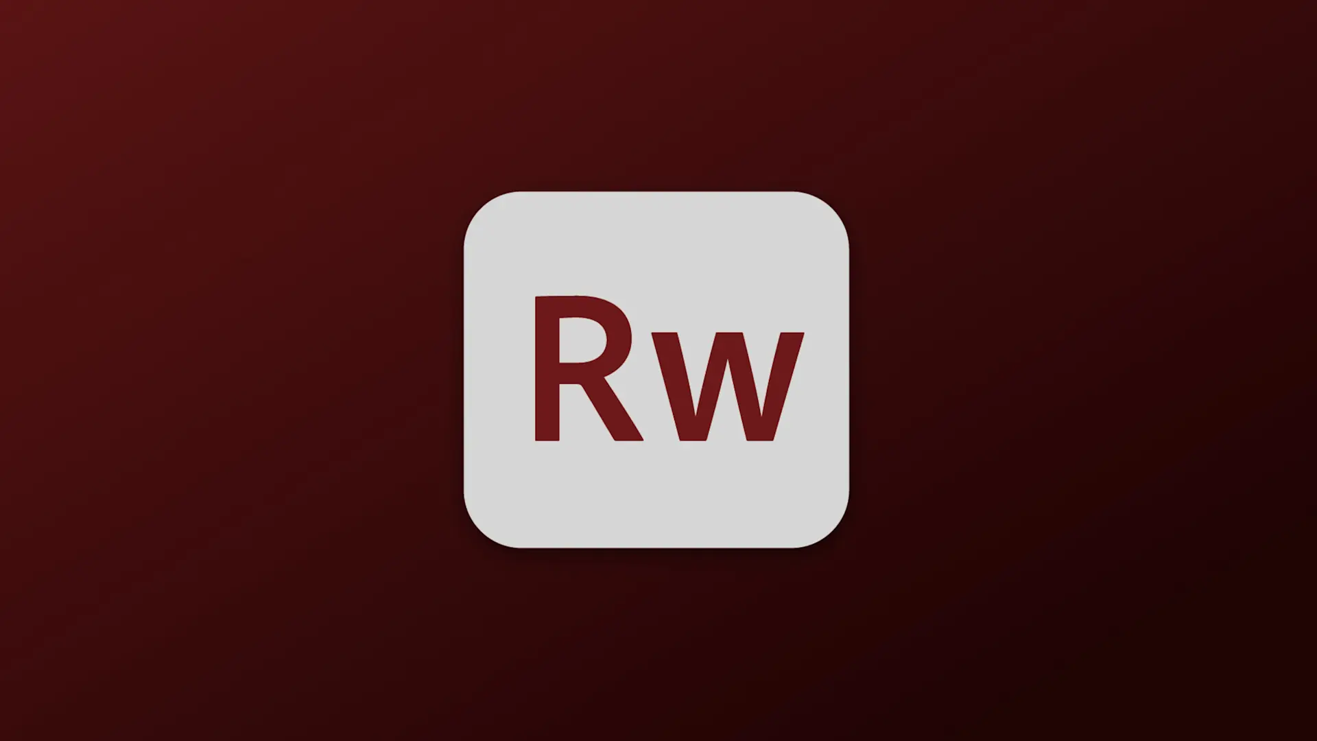 A gray rounded square with the letters Rw in red centered on it, set against a dark red gradient background.