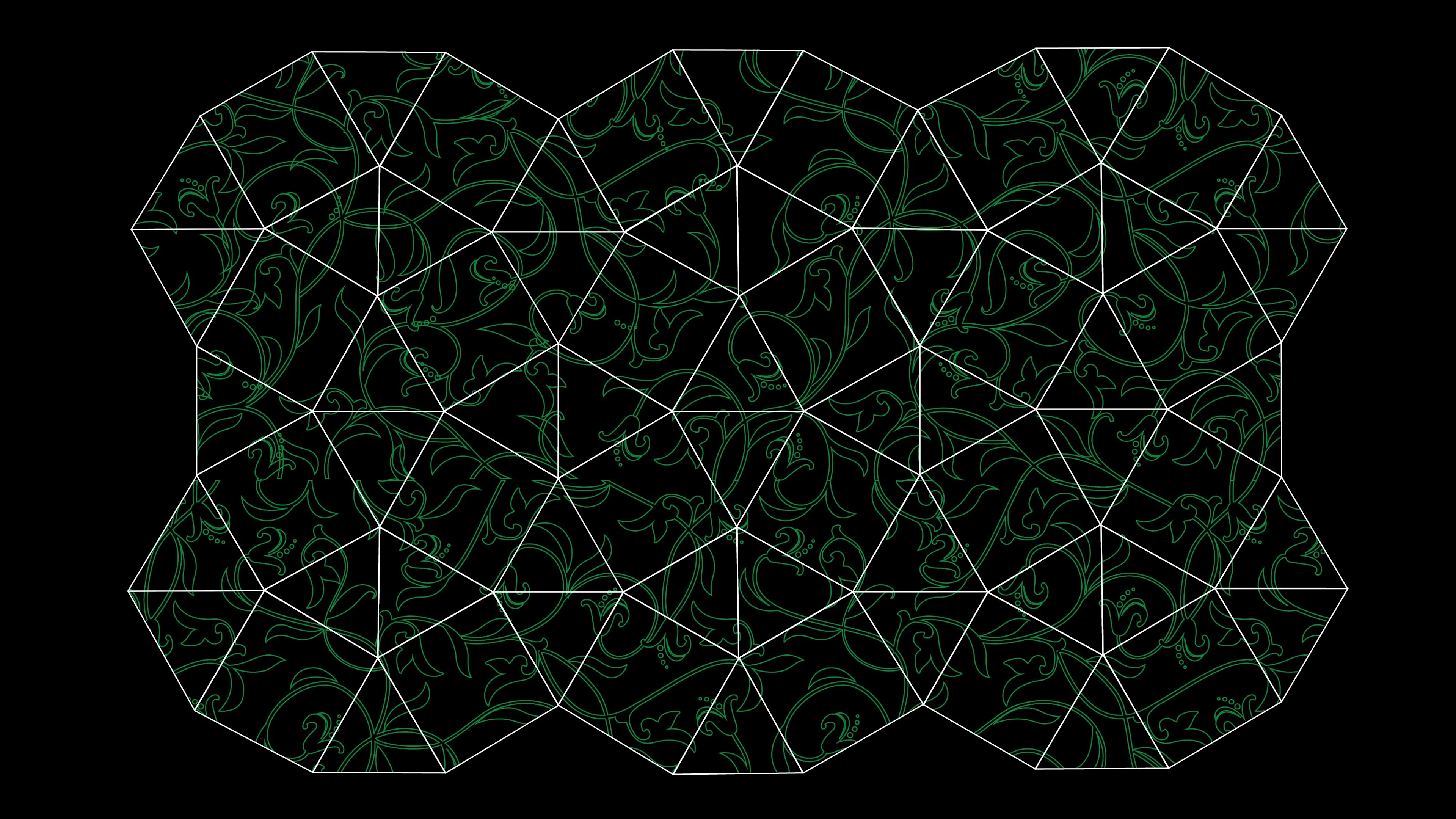 A geometric pattern of interconnected octagons and triangles outlined in white, overlaid with an intricate green vine and leaf design on a black background.