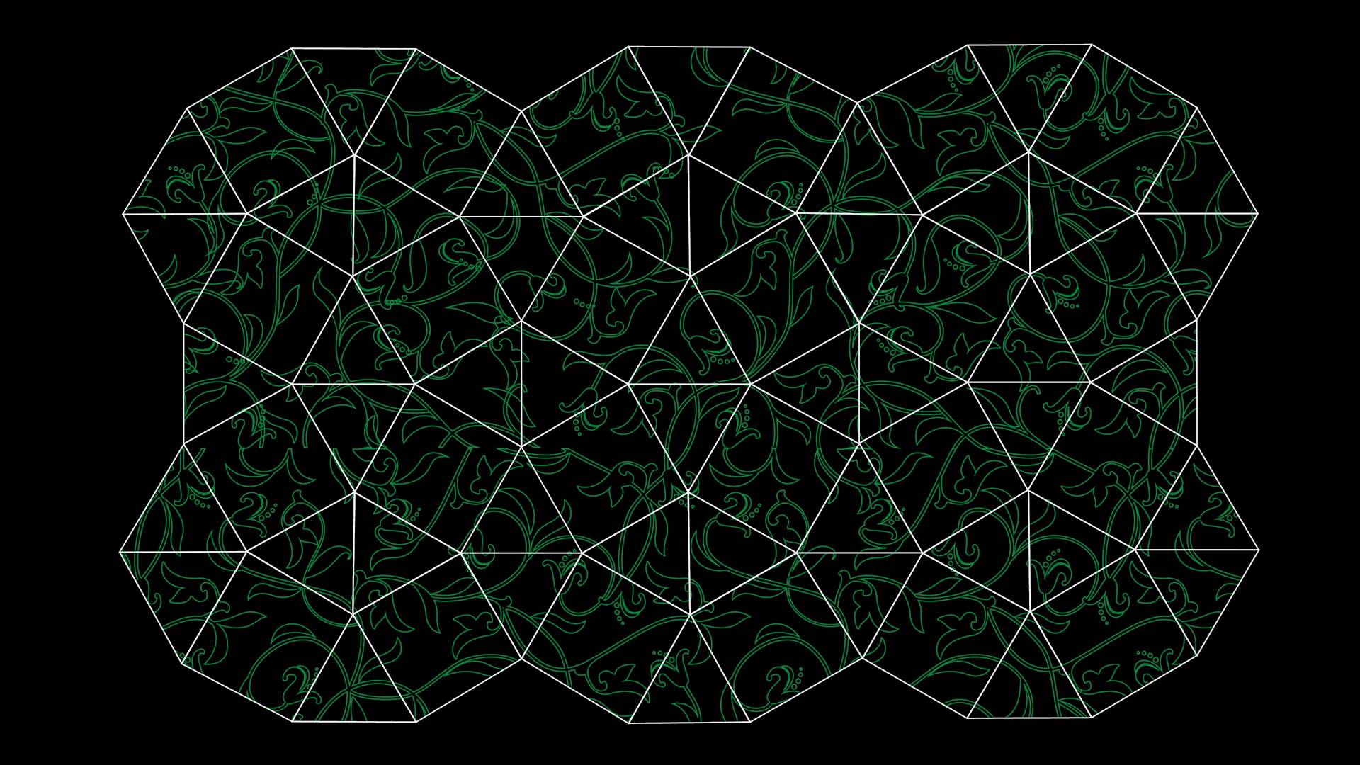A geometric pattern of interconnected octagons and triangles outlined in white, overlaid with an intricate green vine and leaf design on a black background.