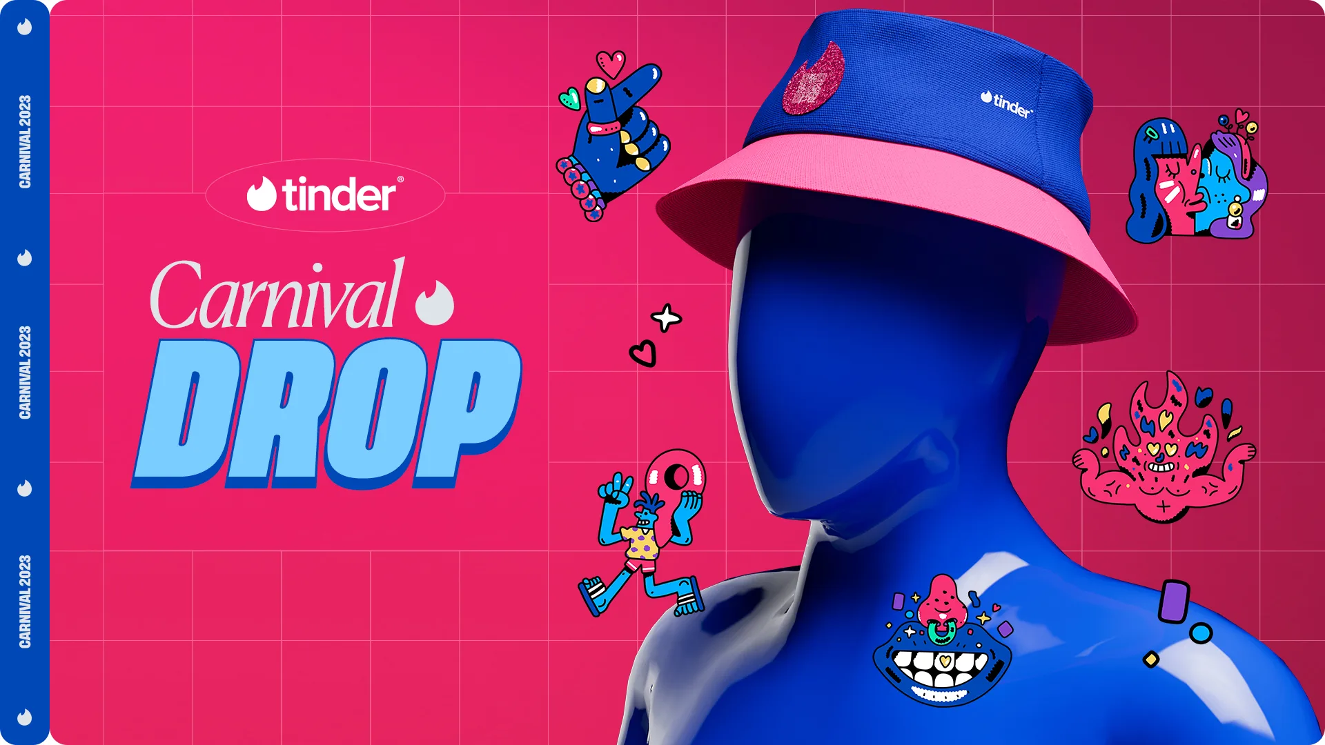 A blue mannequin wears a blue and pink bucket hat with a Tinder logo. The background features a pink grid with colorful carnival-themed cartoon stickers and bold text reading Tinder Carnival DROP.