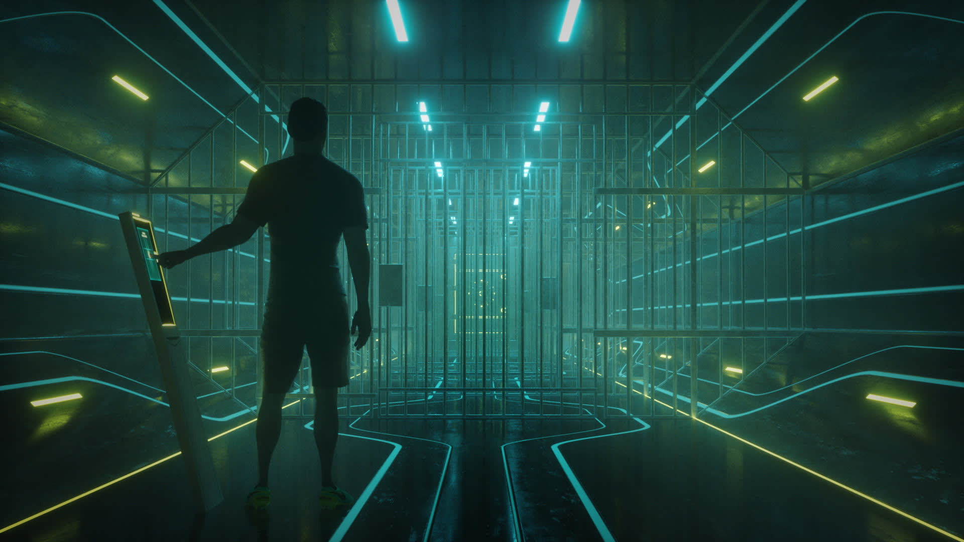 A person stands in a futuristic, neon-lit hallway facing a large metal gate, holding a tablet or control device; glowing lines run along the floor and walls, creating a high-tech atmosphere.