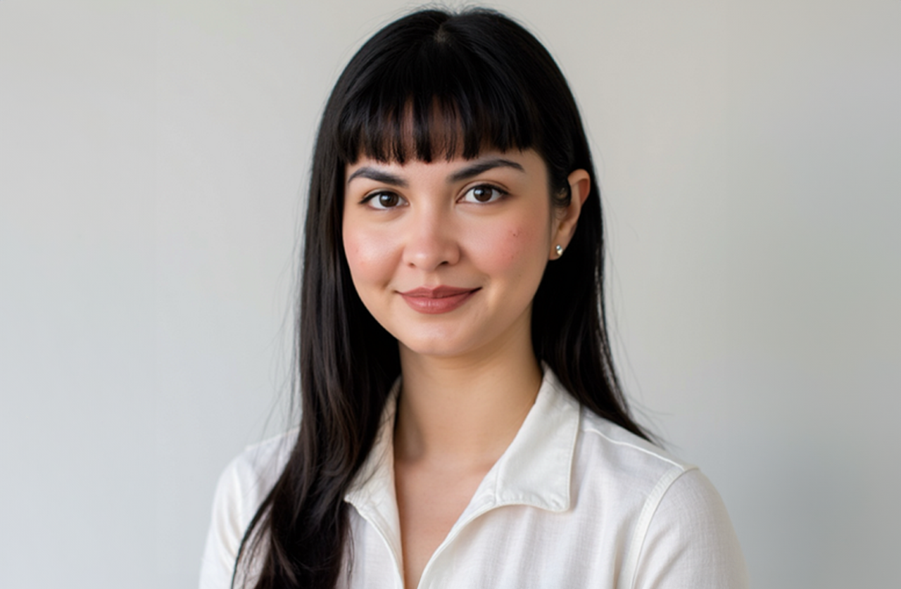 A young woman with long dark hair and bangs, wearing a white collared shirt, smiles softly at the camera against a plain light background.