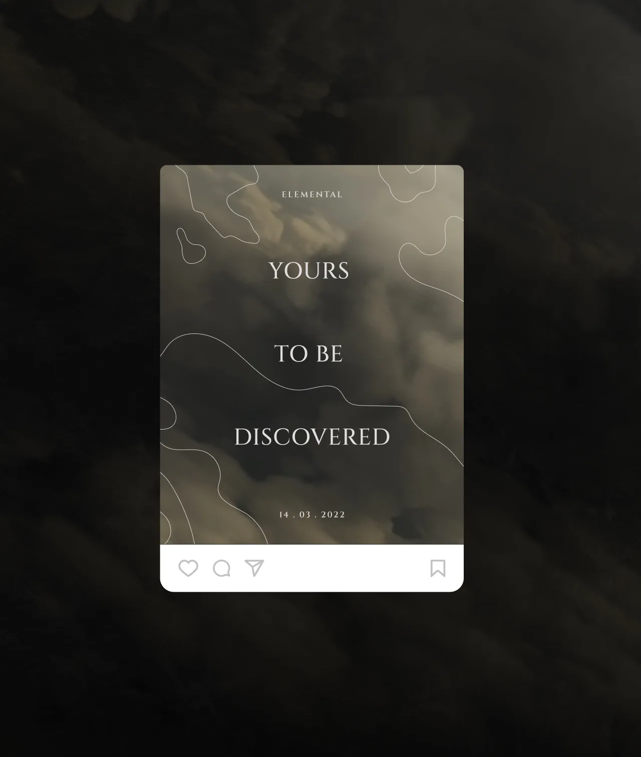 A minimalist graphic with abstract contour lines and cloudy background, featuring the text: Elemental. Yours to be discovered. 14-01-2022 in the center, resembling a social media post layout.