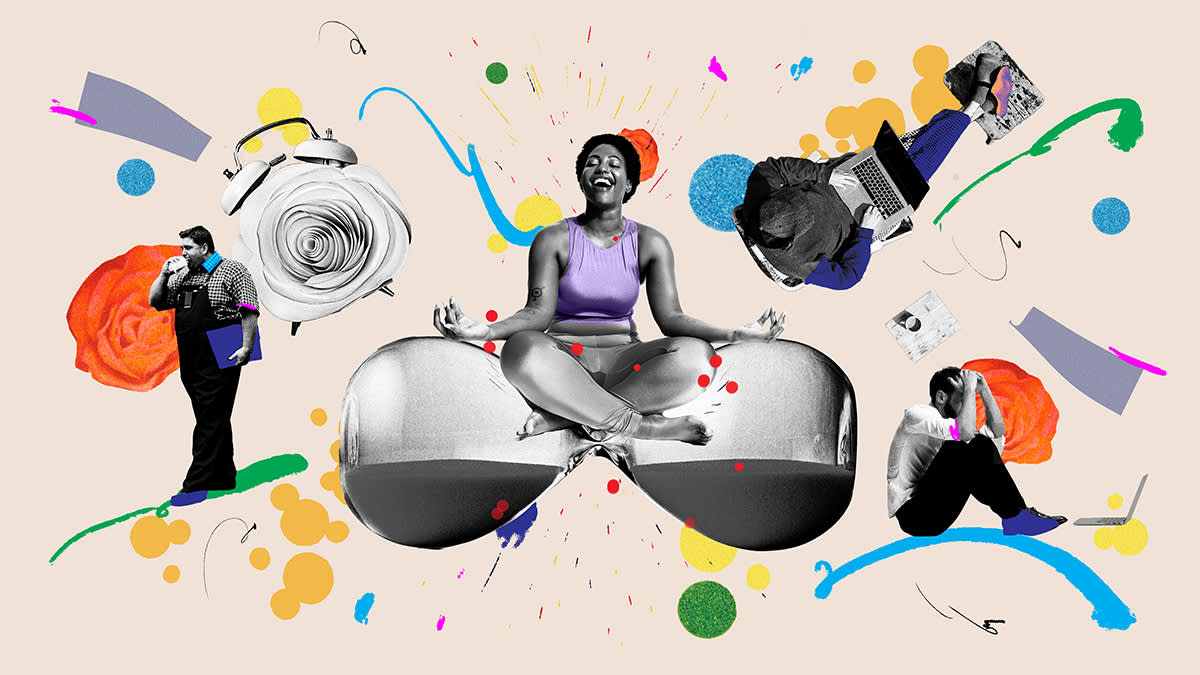A woman meditates atop an hourglass, surrounded by splashes of color, flowers, clocks, and people working or stressed, symbolizing balance and chaos in daily life.
