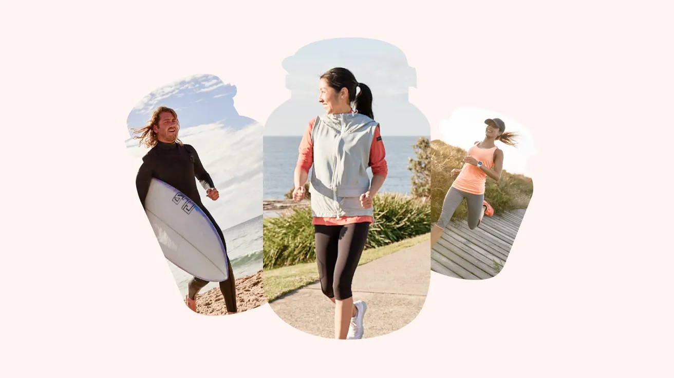 Three people are shown being active outdoors: one surfing, one jogging by the ocean, and one running on a boardwalk, all within overlapping silhouettes on a light background.