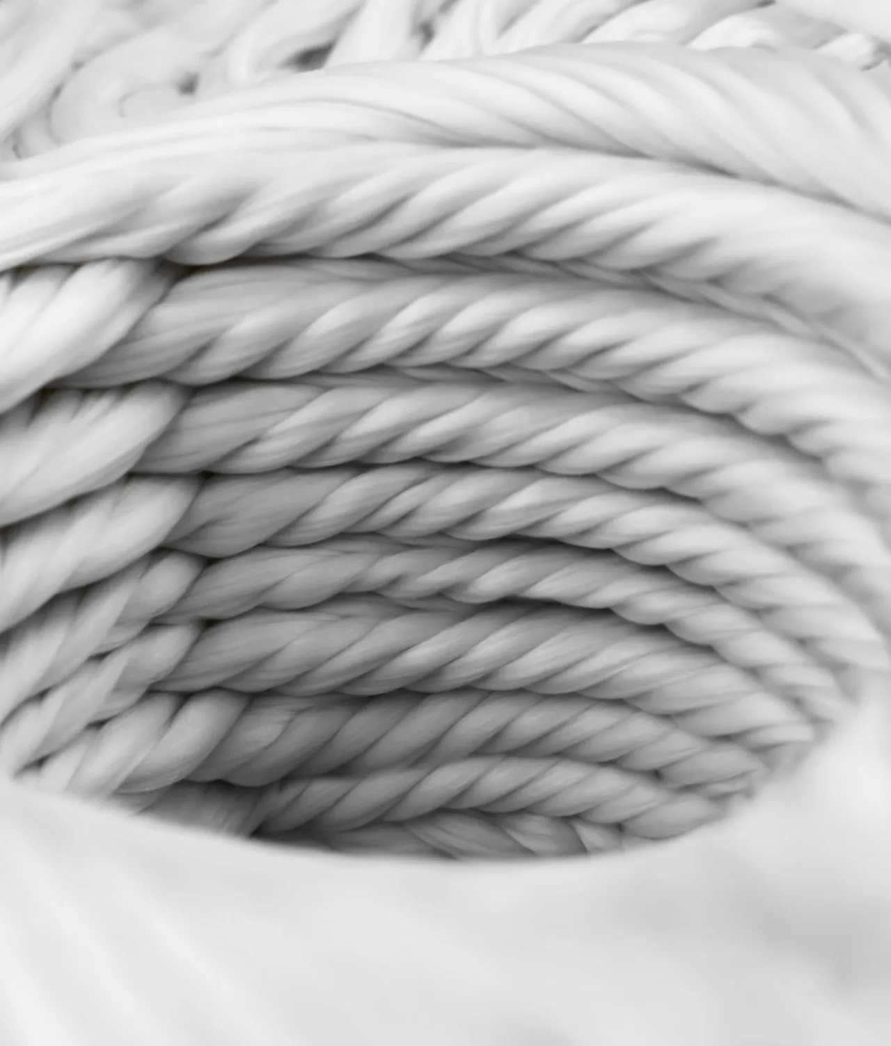 Close-up of a coiled white rope, showing the texture and tight twists of the fibers in a circular pattern. The image is in grayscale, emphasizing the details and shapes of the rope strands.