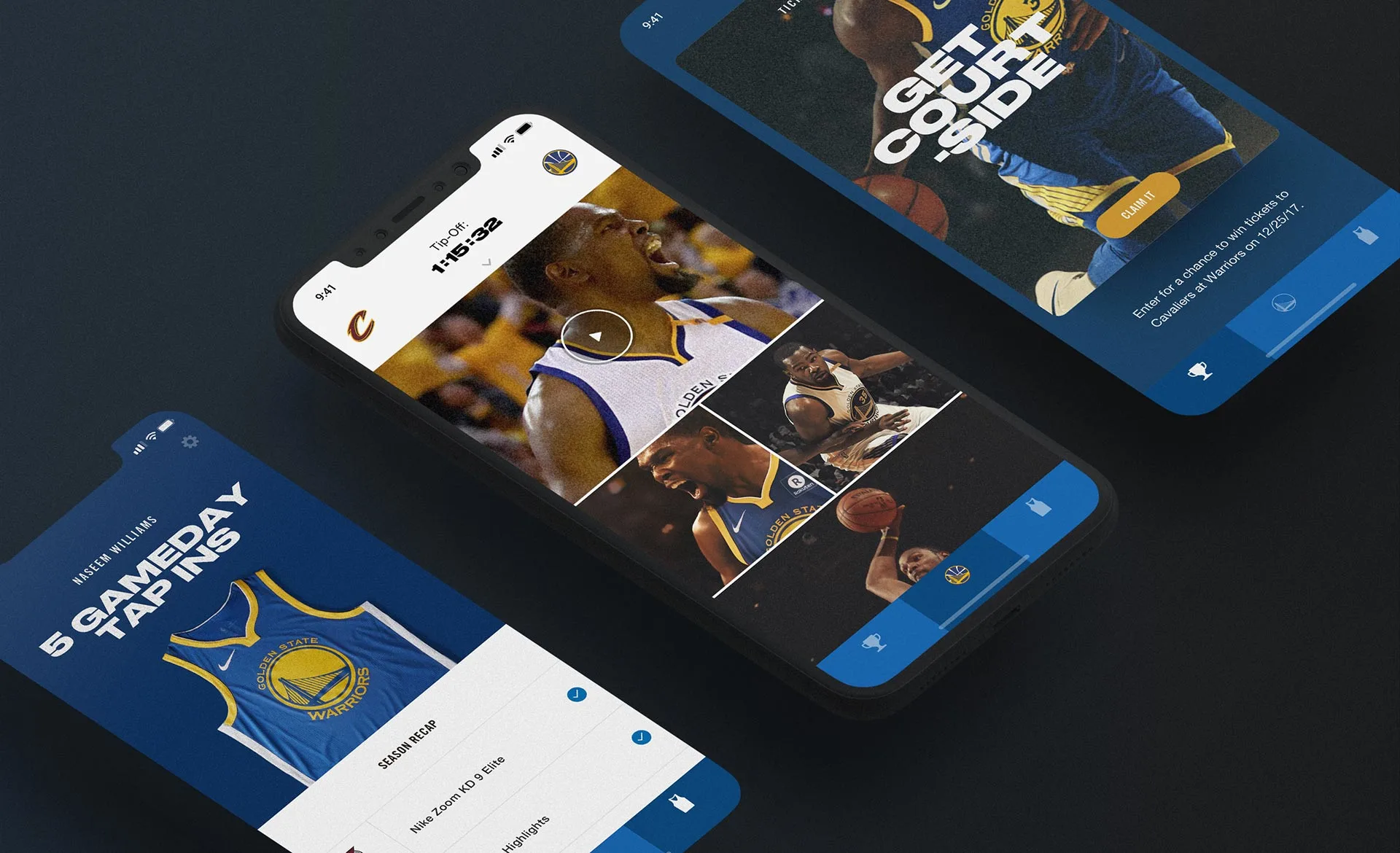 Three smartphones display a Golden State Warriors basketball app, showing game scores, player images, team jersey details, and fan engagement features on dark backgrounds.