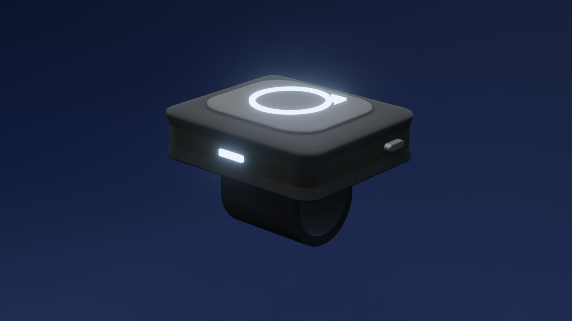 A sleek, black, rectangular smart ring with a glowing circular symbol on top, a side button, and an illuminated strip, floating against a dark blue background.