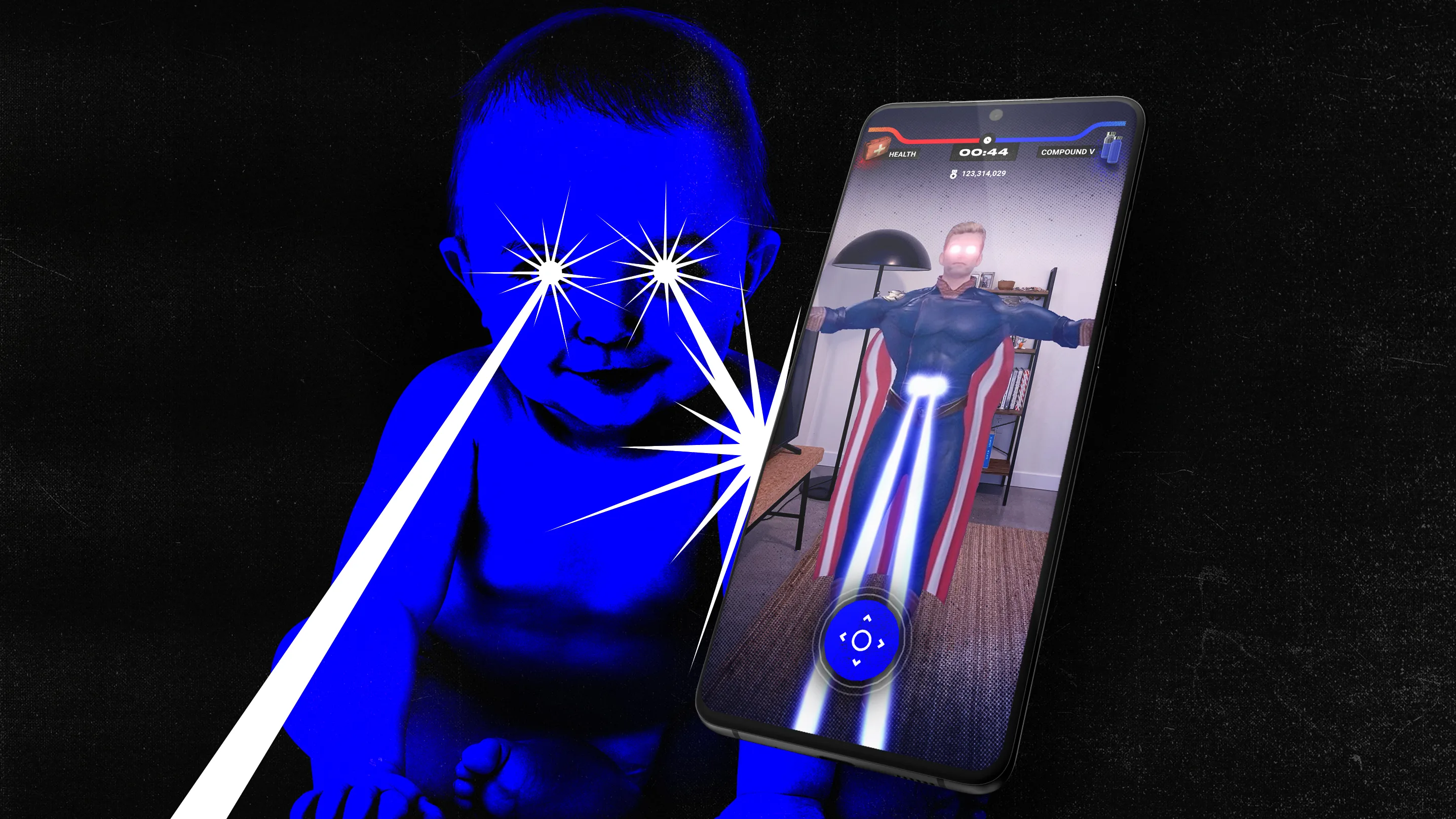 A blue-tinted baby with glowing eyes shoots lasers from its eyes. In front, a smartphone displays an augmented reality superhero shooting lasers from its eyes and chest. The background is dark and abstract.