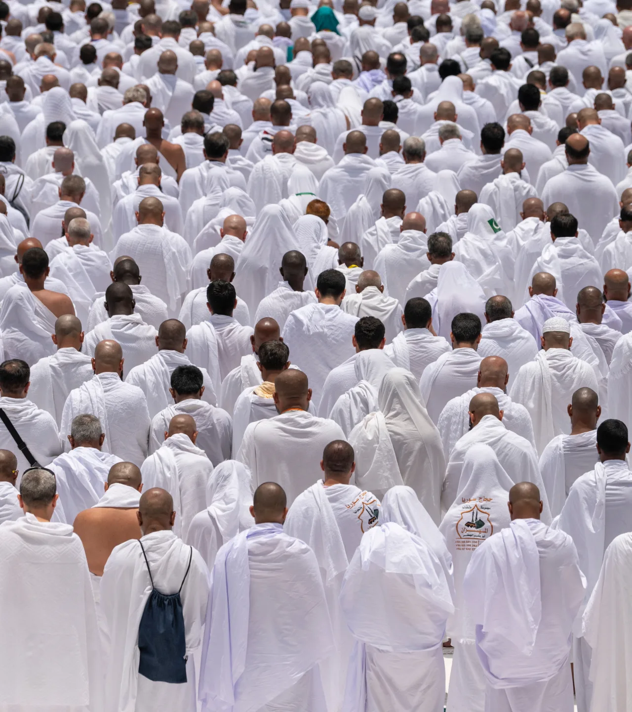 A large group of people dressed in white garments, seen from behind, gathered closely together in an outdoor setting, participating in a religious ritual.