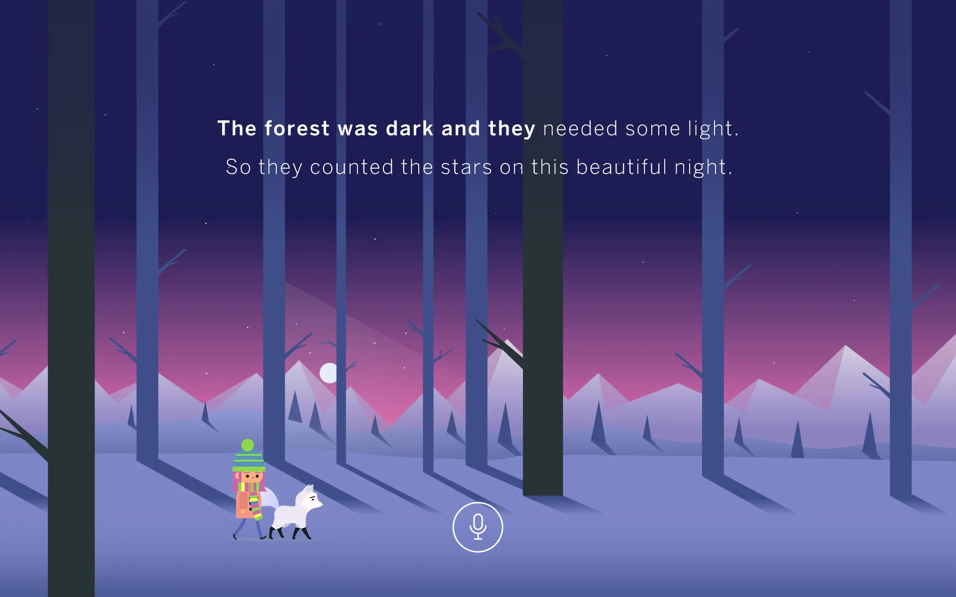 A cartoon child and a white dog walk through a dark forest at night. The sky is purple with stars and mountains in the background. Text above reads: The forest was dark and they needed some light...