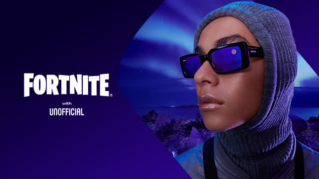 A person wearing dark sunglasses and a gray hood looks into the distance with a serious expression. The background features a blue and purple night sky. The “Fortnite with Unofficial” logo appears on the left side.