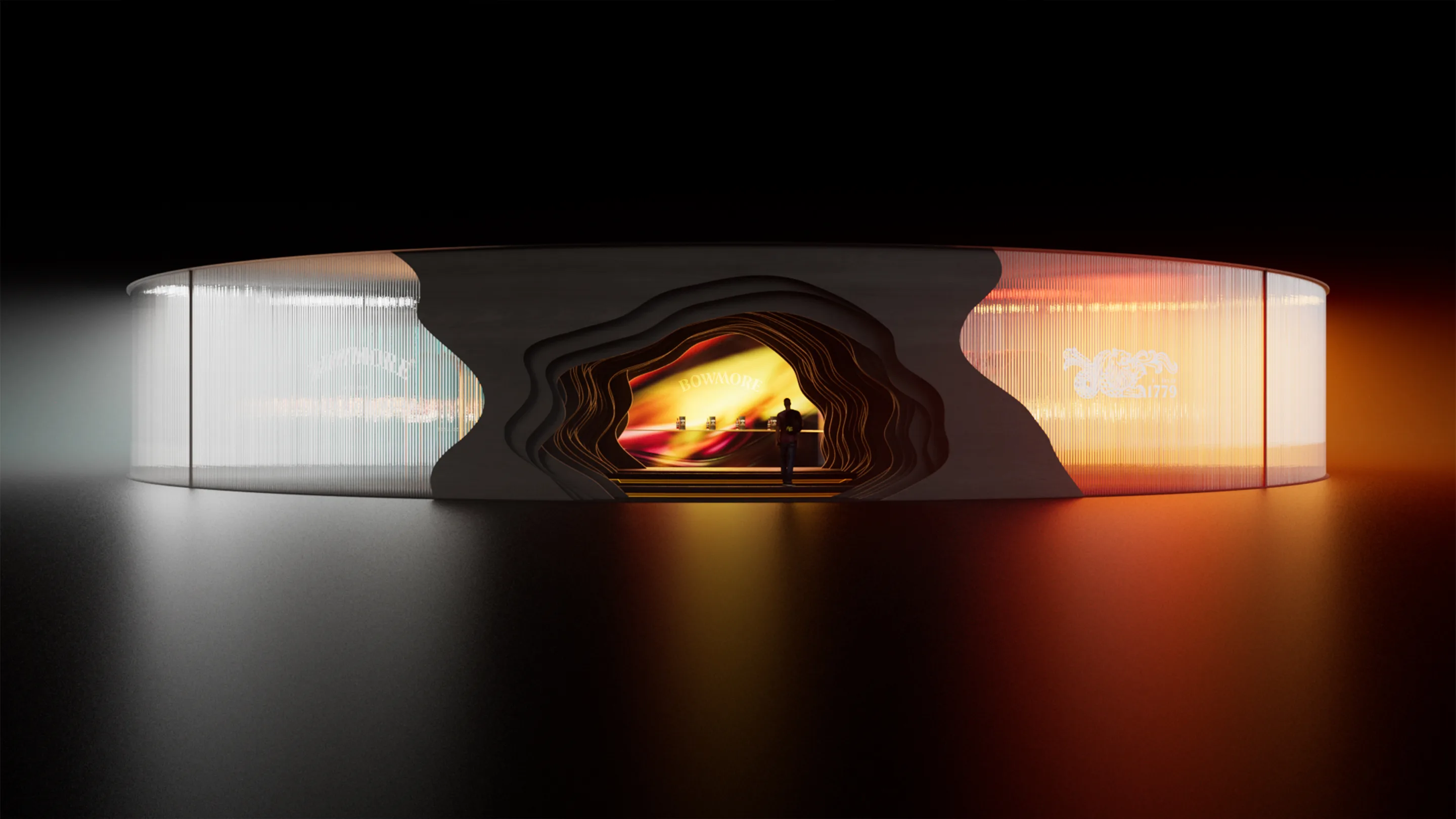 A circular, futuristic building with a layered, cave-like entrance glows with vibrant colors—white on the left, yellow in the center, and orange on the right—illuminating the silhouette of a person standing inside.