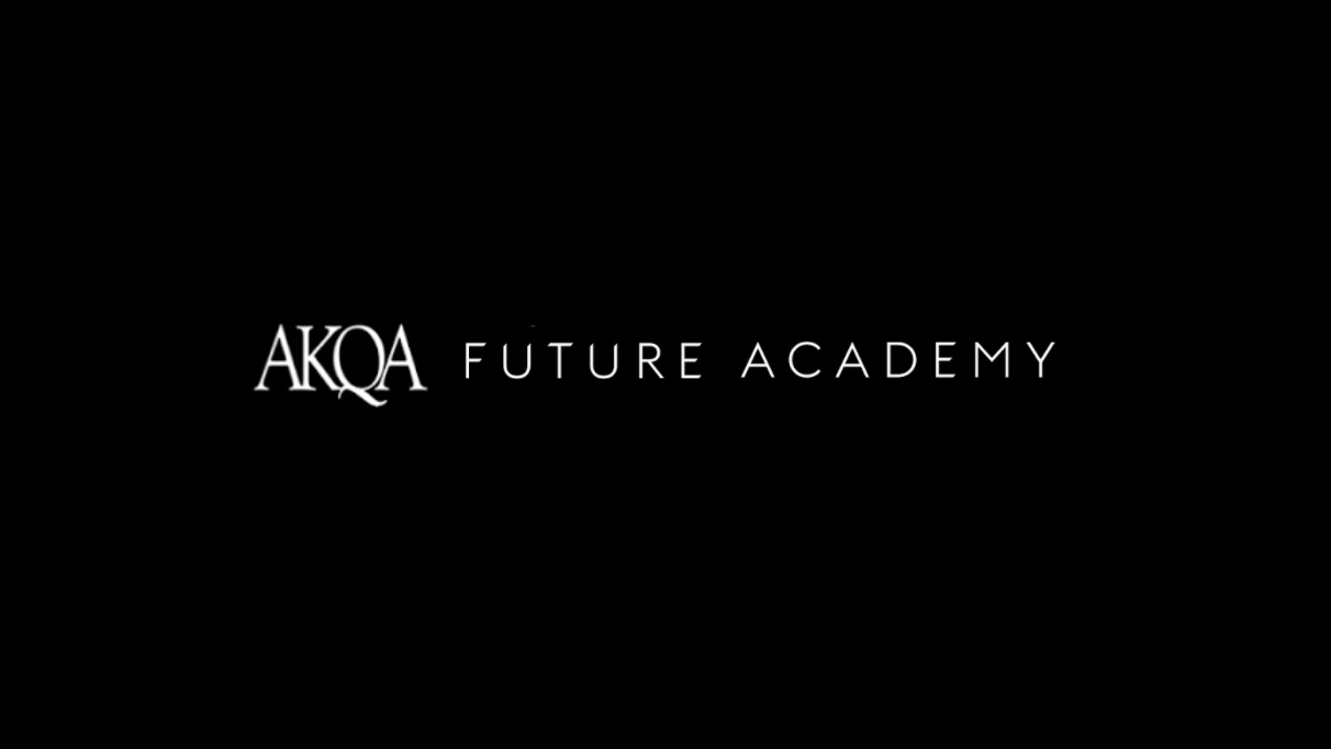 White text on a black background reads AKQA Future Academy, with AKQA in a serif font and FUTURE ACADEMY in a modern, sans-serif font.