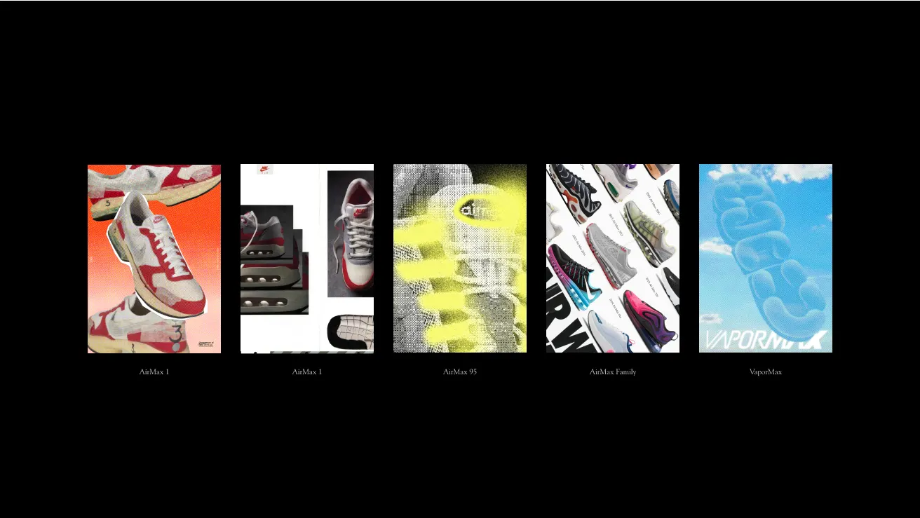 A row of five sneaker-themed art posters on a black background, each labeled: AirMax 1, AirMax 1, AirMax 95, AirMax Family, and Vapormax; the designs are colorful and varied, with bold graphics and shoe imagery.