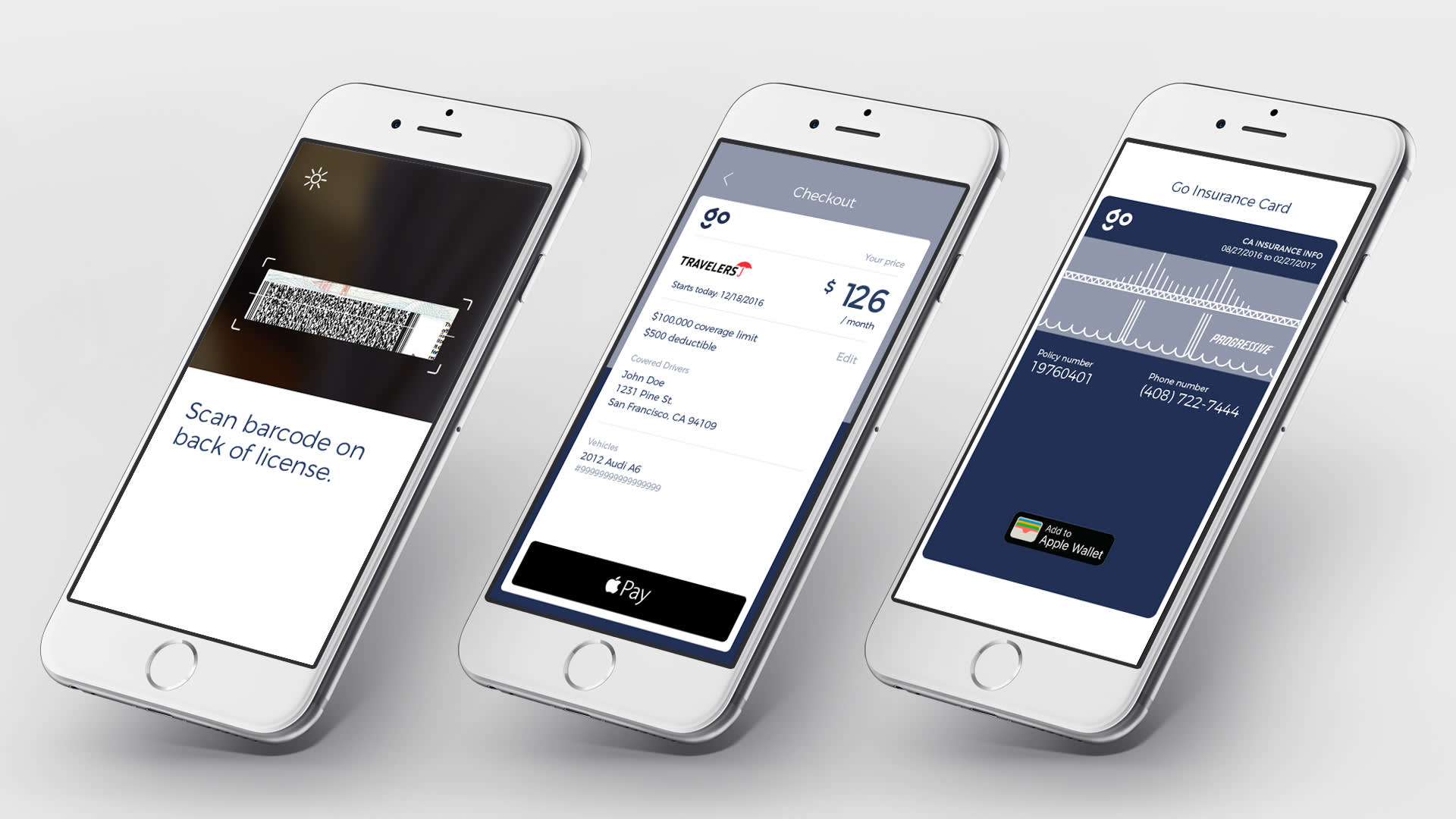 Three smartphones display an app: scanning a driver’s license barcode, reviewing an insurance policy checkout, and showing a digital insurance card with payment and contact details.