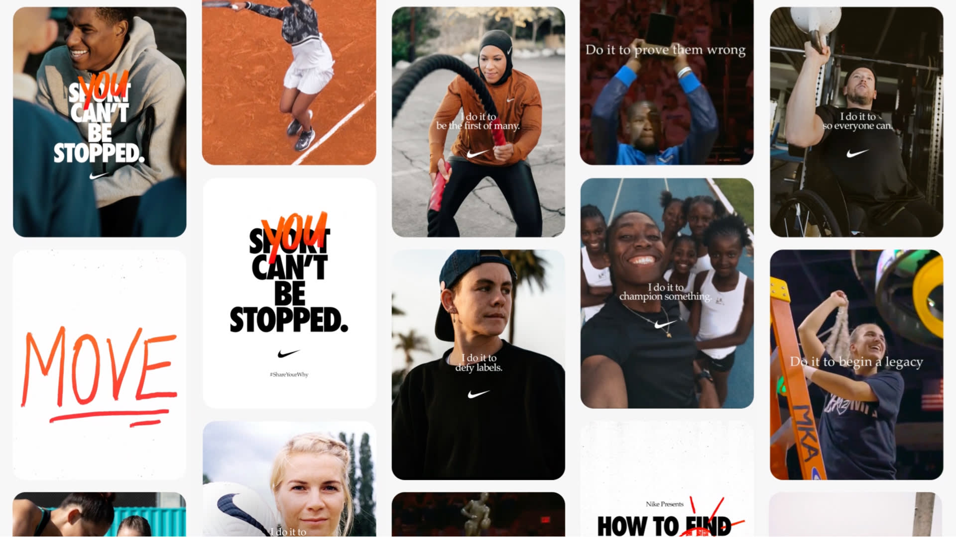 A collage of diverse athletes in action, featuring motivational Nike slogans like You cant be stopped, Move, and Do it to prove them wrong, with men and women playing sports and looking determined.