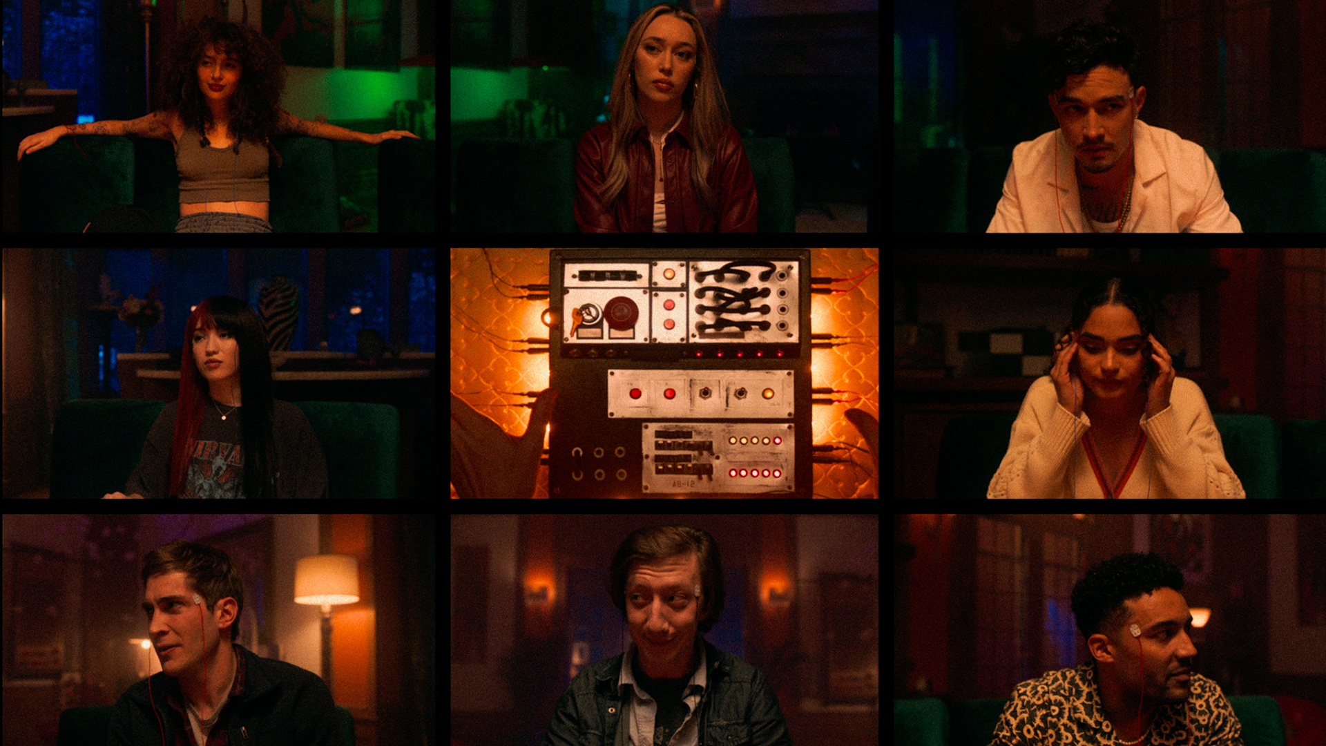 Eight people are on a video call with various expressions, a machine sits in the middle.