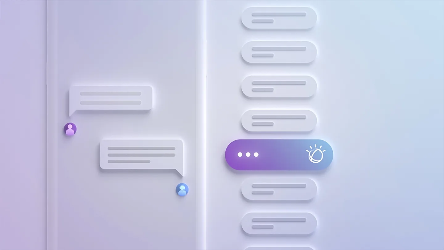 A digital illustration of a chat interface with two user icons, speech bubbles on the left, and a list of blurred options on the right, featuring a highlighted rounded bar with dots and a lightbulb icon.