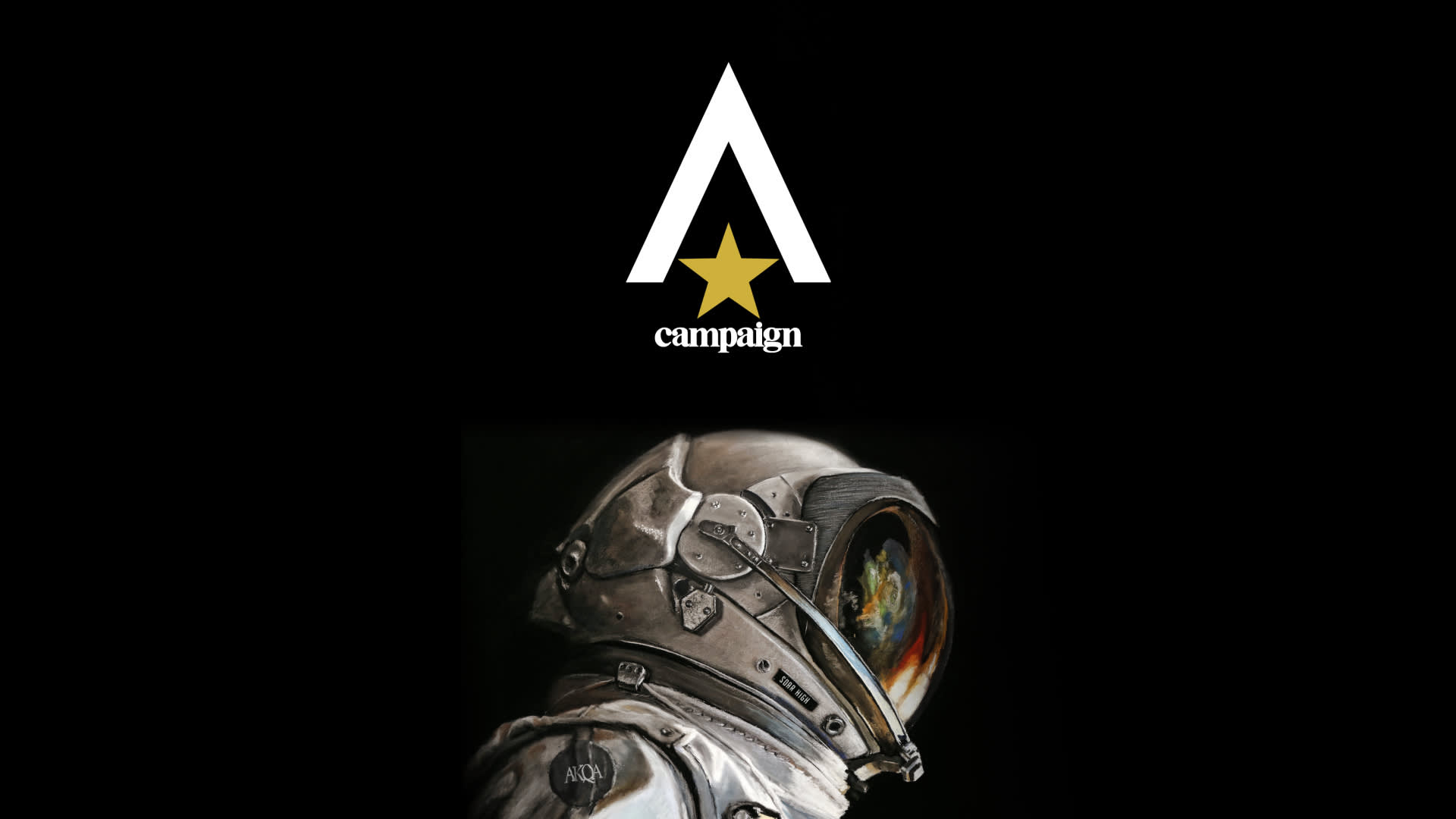 A side profile of an astronaut in a reflective helmet, set against a black background, with a large white A, a gold star, and the word campaign above the astronauts head.