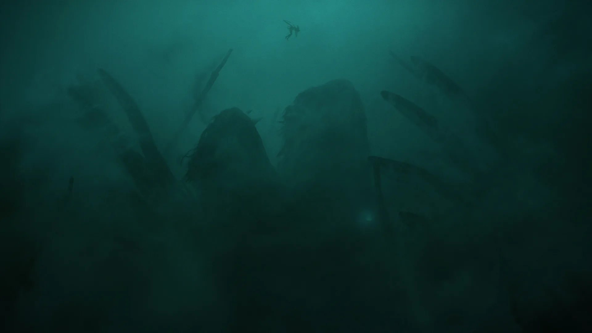 Dark, underwater scene with a large, shadowy creature surrounded by mist or bubbles. Faint light reveals tentacle-like appendages and a small figure swimming above, emphasizing the creatures massive size and eerie presence.