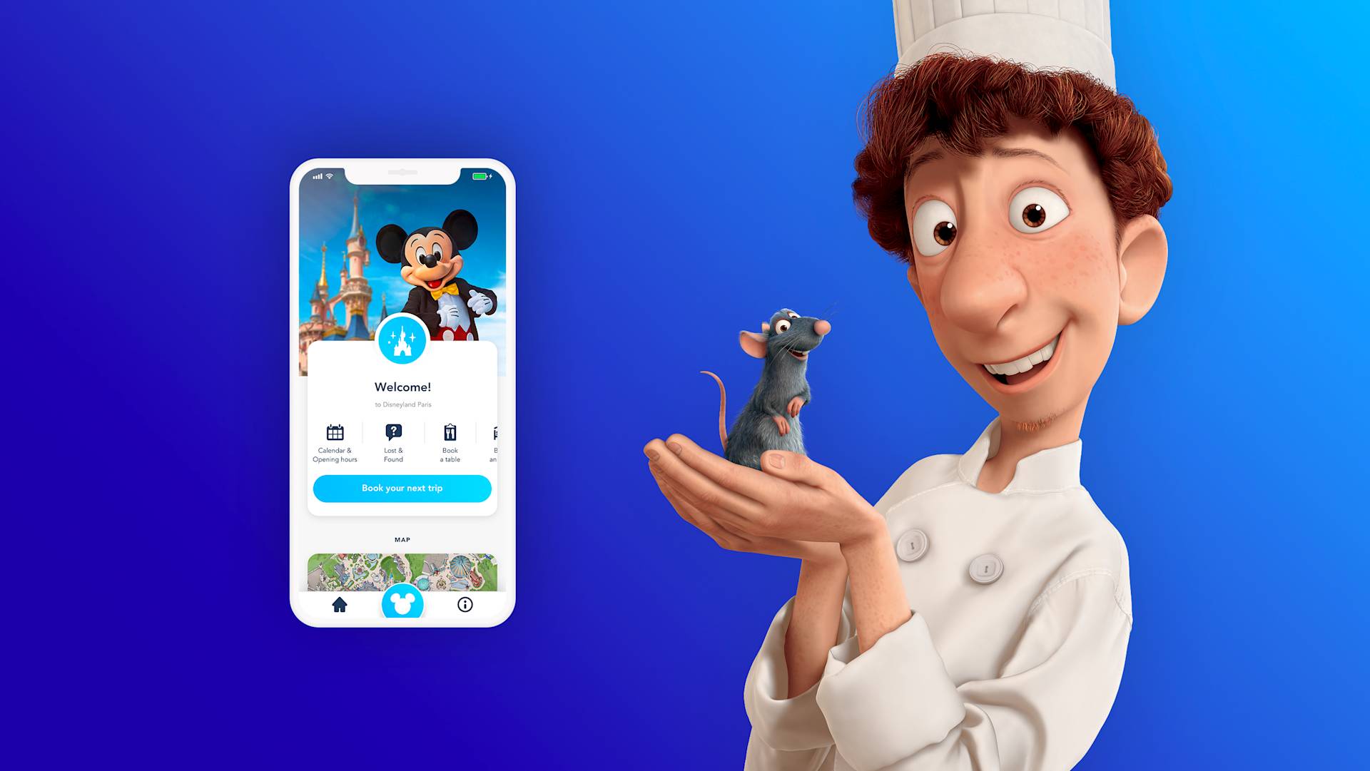 A cartoon chef in a white uniform holds a gray rat on his hand, smiling, next to a smartphone showing a Disney-themed app interface with Mickey Mouse and a castle. The background is a gradient blue.
