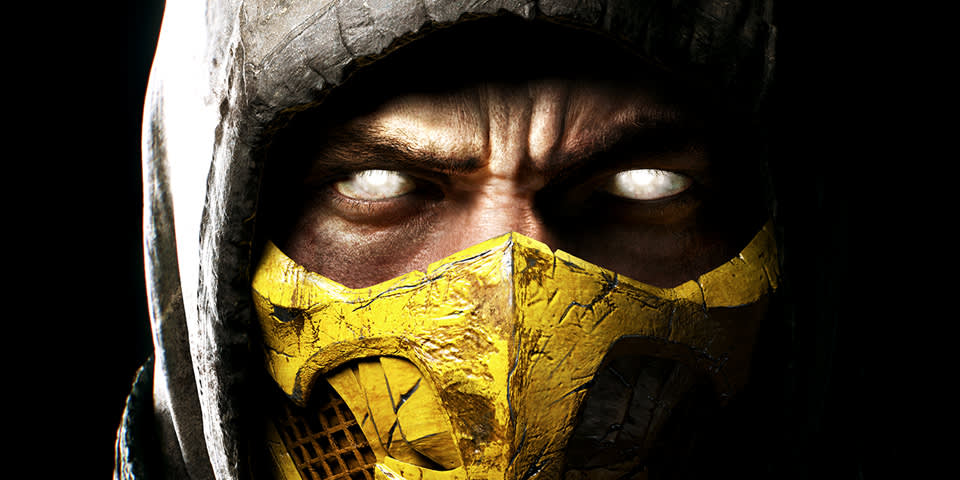 A close-up of a person wearing a weathered yellow mask and a hood, with intense glowing white eyes, creating a fierce and mysterious appearance.