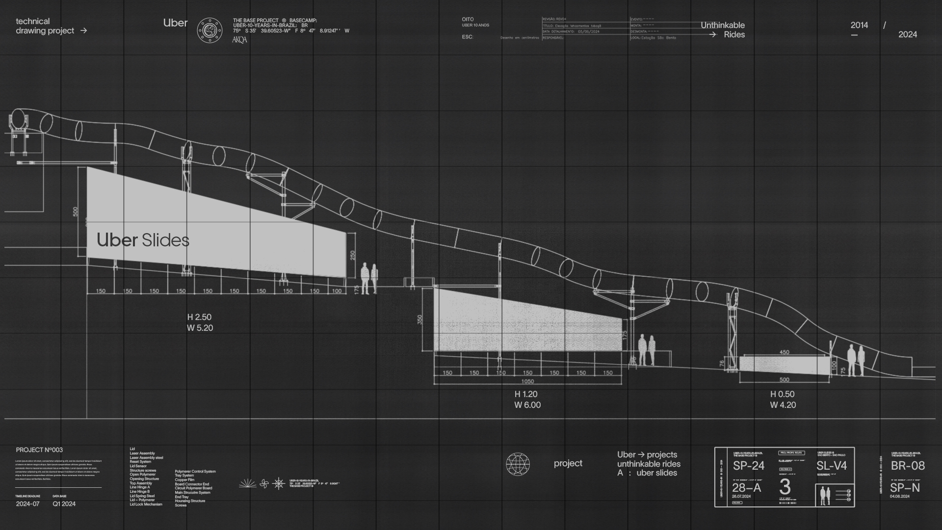 Technical drawing of a sloped, sectional structure labeled Uber Slides, featuring ramps and human figures for scale, with architectural dimensions and project details on a dark blueprint background.