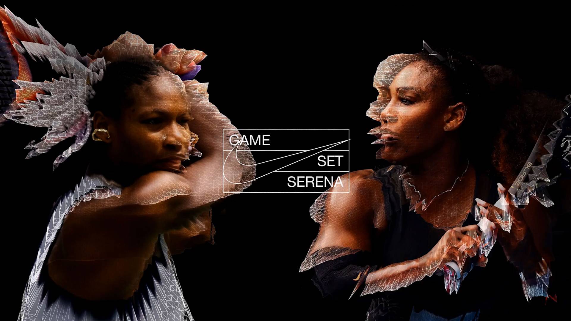 Two blurred, distorted images of a female tennis player in action appear on either side of a black background. In the center, white text reads GAME SET SERENA within a rectangular outline.
