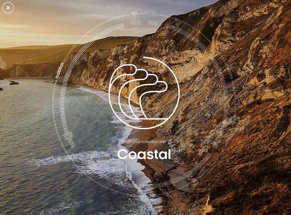 A rugged coastline with steep cliffs and a sandy beach at sunset, overlaid with a circular digital graphic, wave icon, and the word Coastal in white text.