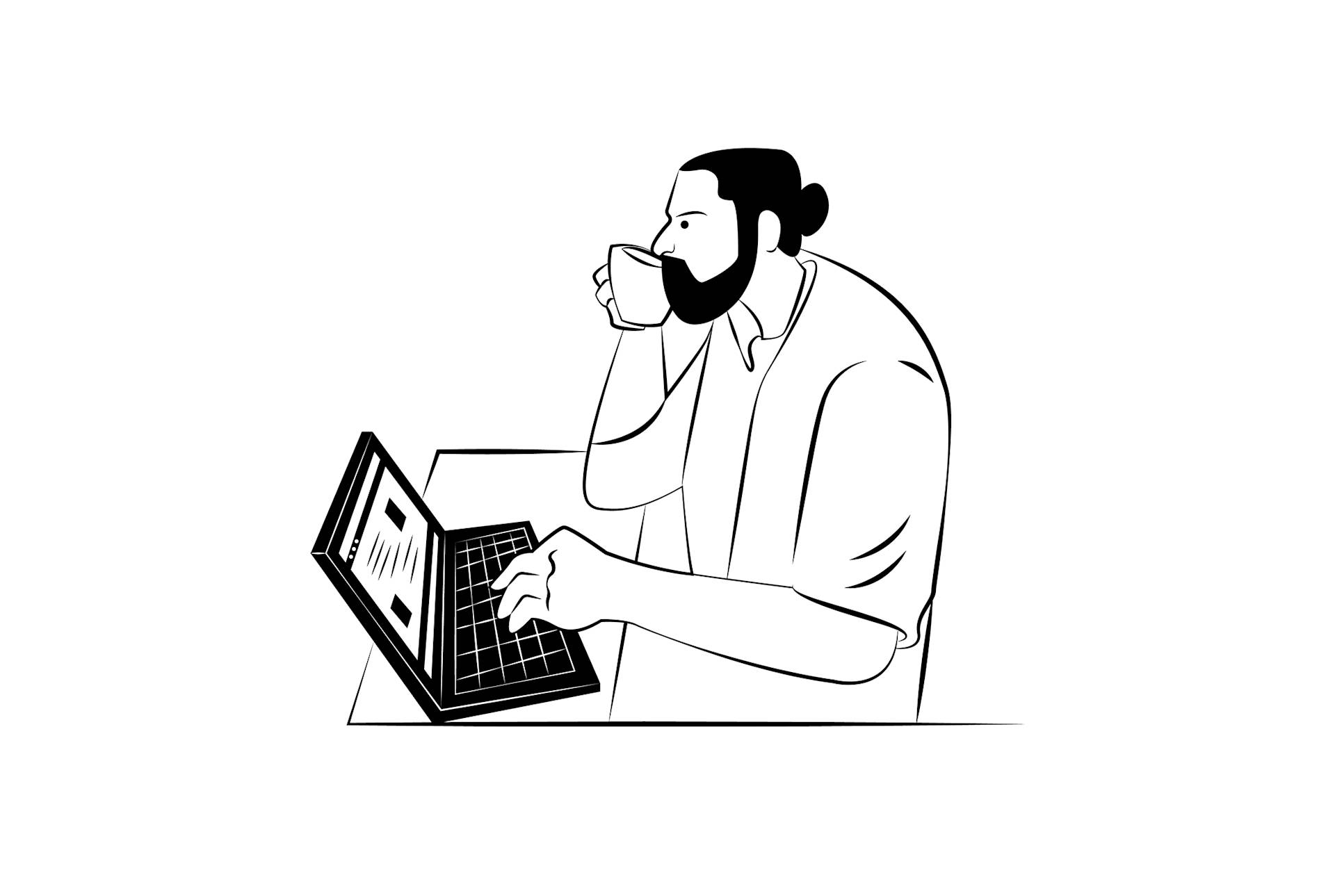 Line drawing of a person with a beard and a bun, sitting at a desk, using a laptop with one hand and drinking from a mug with the other.