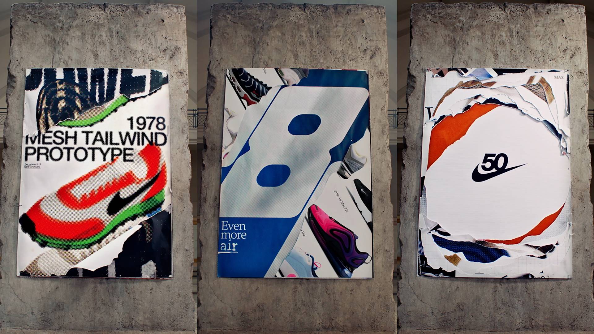 Three posters on a concrete wall display Nike sneakers, bold text, and logos, highlighting the 1978 Mesh Tailwind Prototype, Even more air, and a “50” with a swoosh, celebrating Nike’s sneaker innovation.