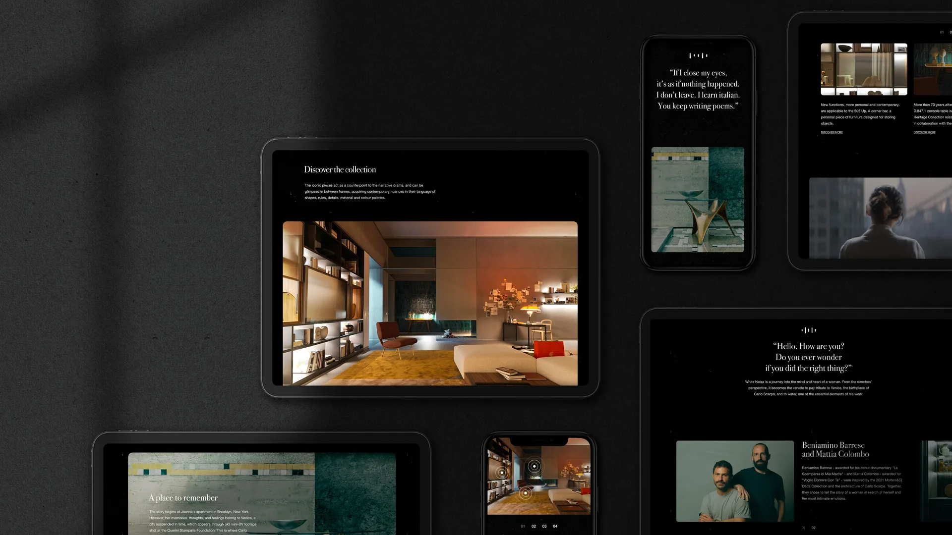 Tablet screens are arranged on a dark surface, displaying various modern interior designs and text, with soft light casting shadows across the scene.