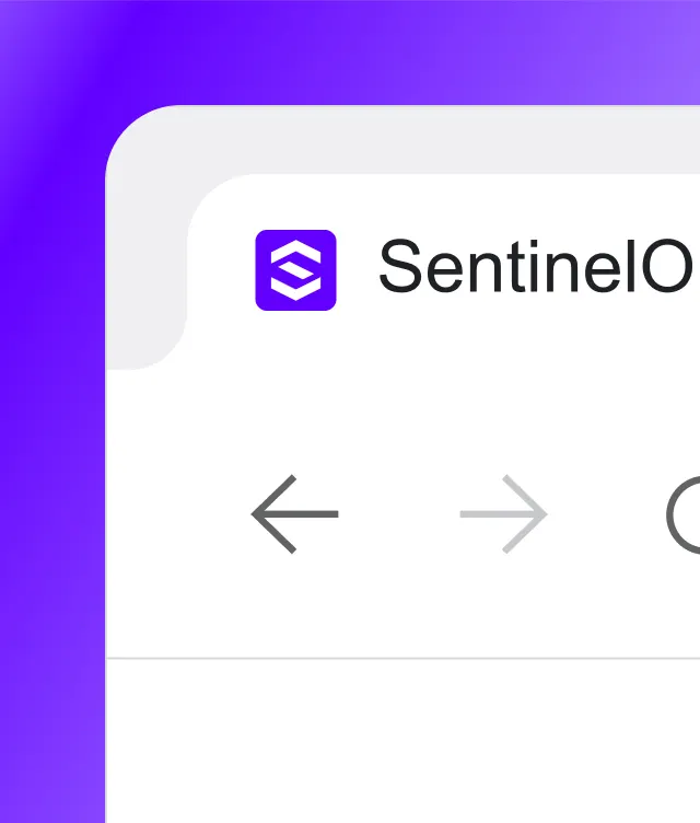 A web browser window showing the SentinelOne logo and name in the top left, with purple gradient background and back and forward arrow icons below.