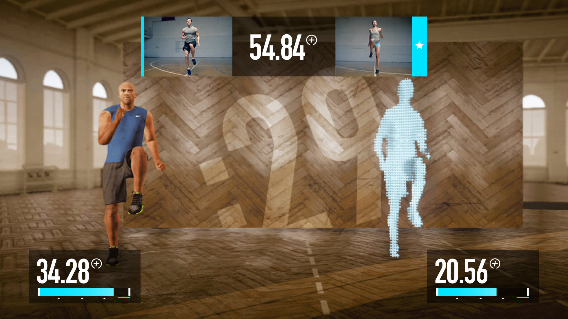 A virtual fitness competition interface shows three participants’ scores and times, with a trainer performing high knees in a gym setting. Digital scores and a pixelated runner graphic are displayed prominently.
