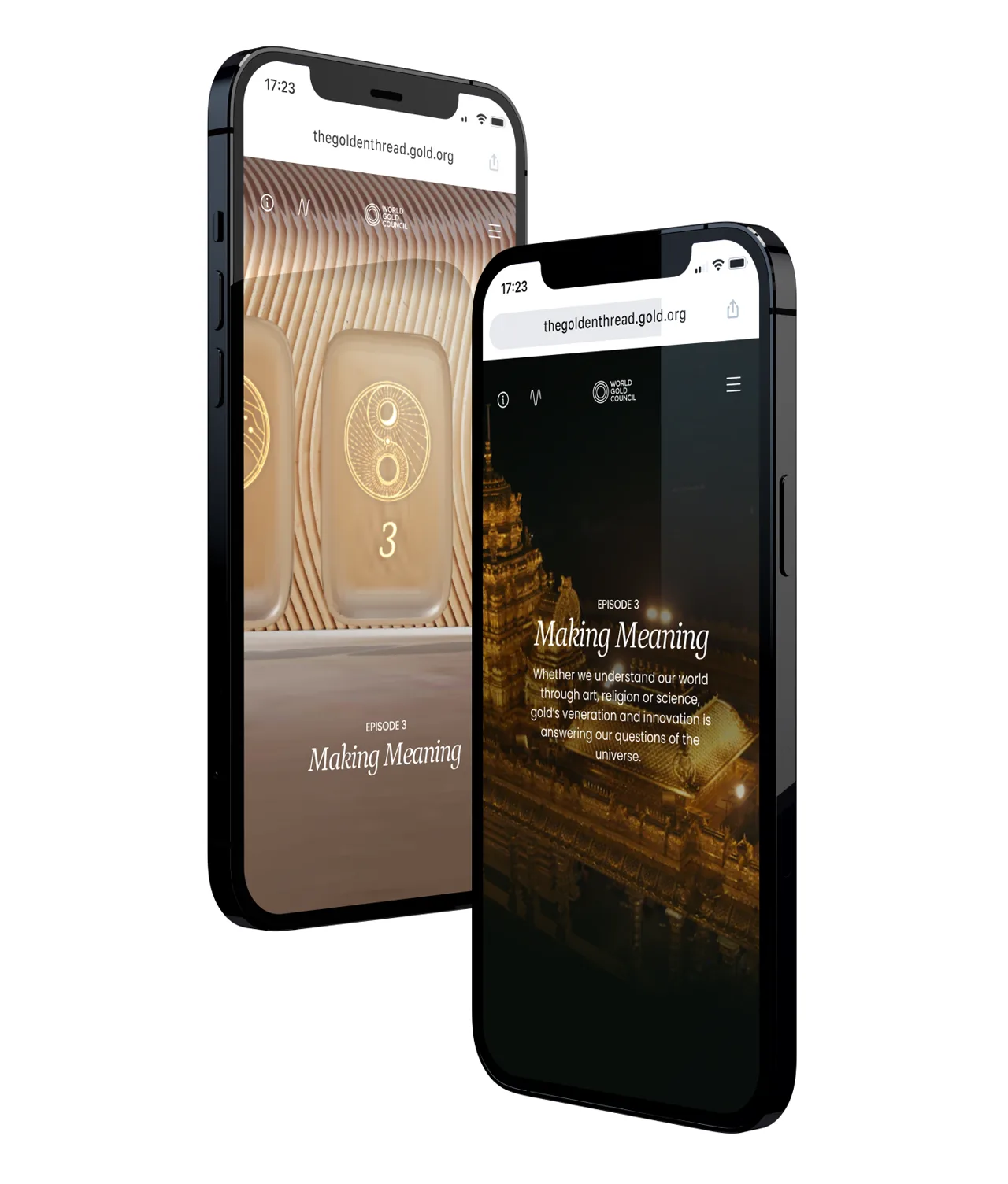 Two smartphones display a website titled “Making Meaning” with artistic images and text, including a gold patterned background and illuminated architecture. Both screens show thegoldenthread.gold.org.