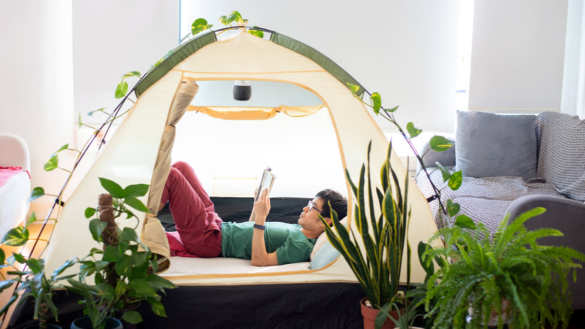 A person lies inside a tent set up in a living room, reading a book. The space is decorated with green potted plants and cozy furniture, blending indoor comfort with an outdoor camping vibe.