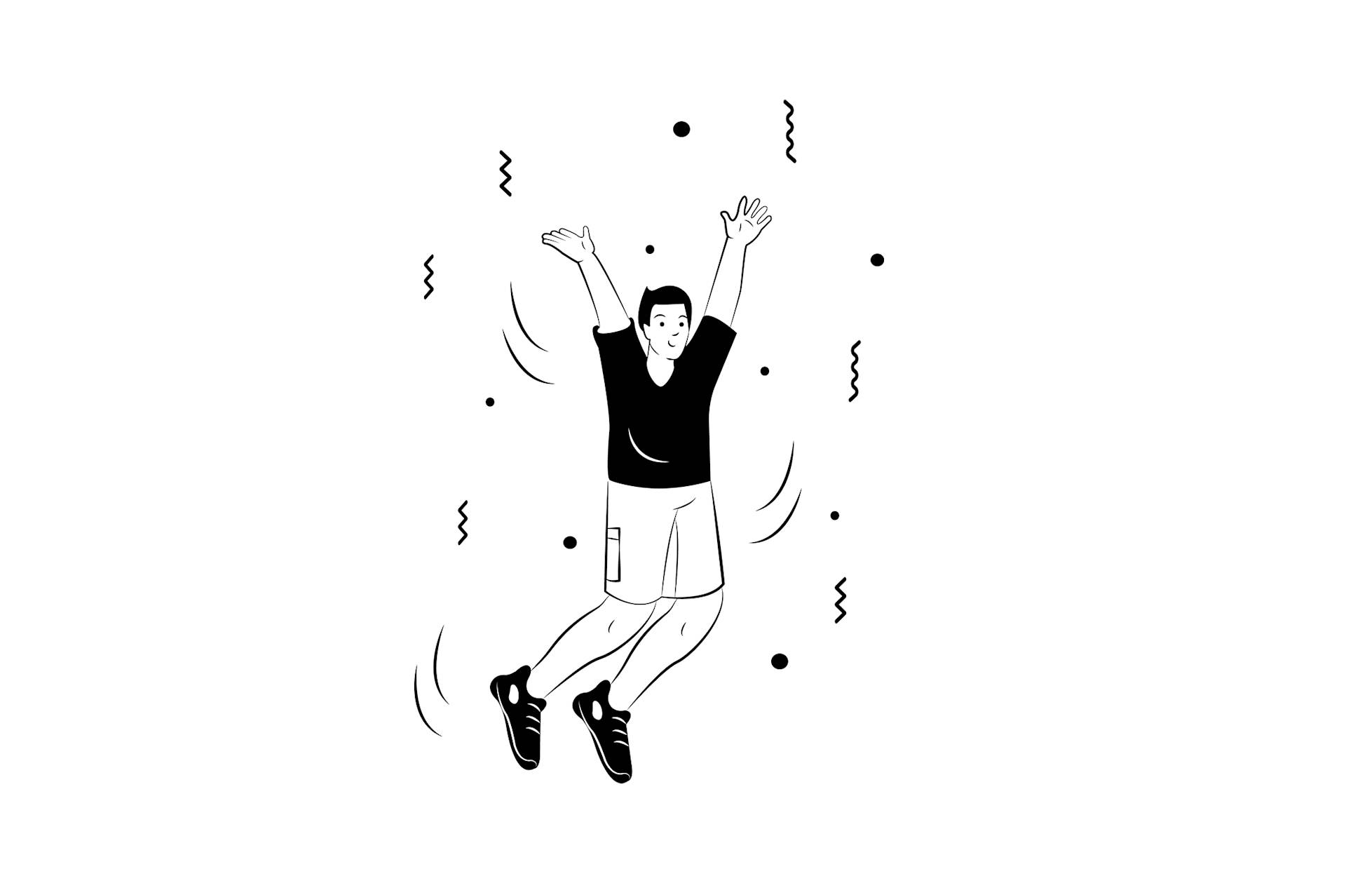 Black and white illustration of a person jumping joyfully with arms raised, surrounded by floating dots and wavy lines, wearing a T-shirt, shorts, and sneakers.