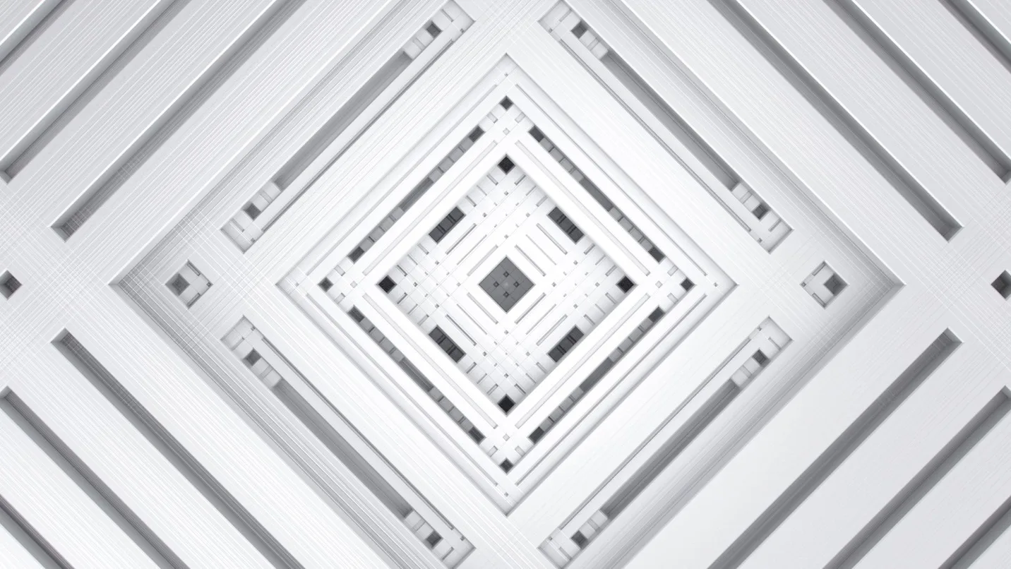Geometric abstract image showing layered white squares arranged in a symmetrical, concentric diamond pattern with metallic textures and shadows, creating a sense of depth and a three-dimensional effect.