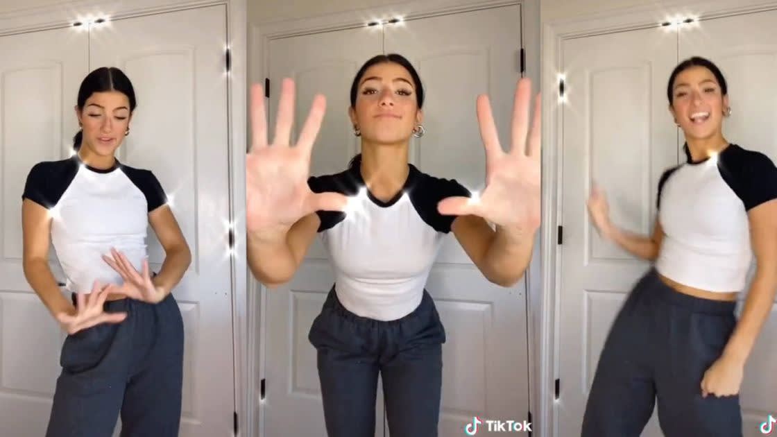 A young woman in a black and white t-shirt and gray pants performs dance moves in three different poses in front of white double doors. The TikTok logo appears in the bottom right corner.